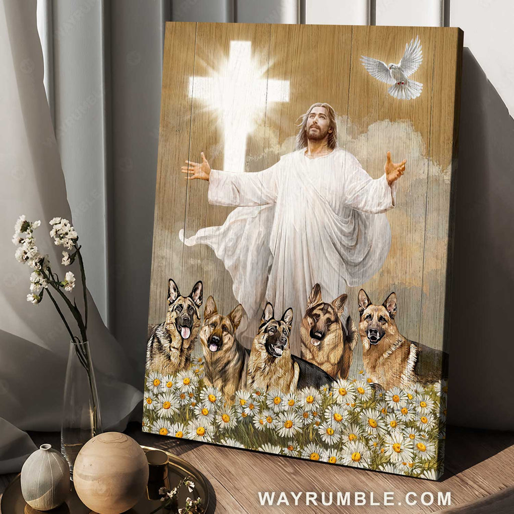 Jesus artwork, Stunning German Shepherd, Daisy field, Light cross - Jesus Portrait Canvas Prints, Home Decor Wall Art
