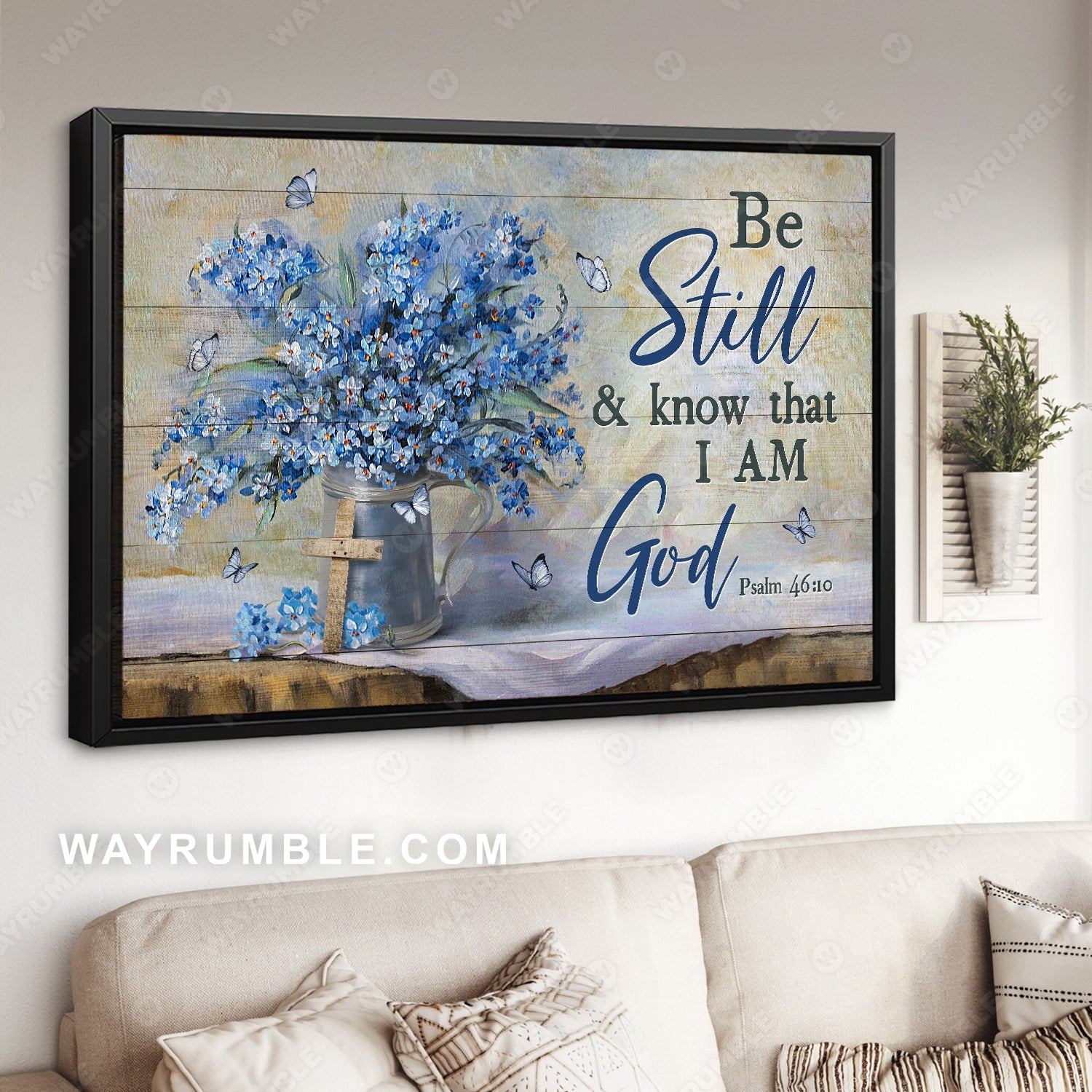 Blue flower, Beautiful butterfly, Cross symbol, Be still and know that I am God - Jesus Landscape Canvas Prints, Living Room Wall Art