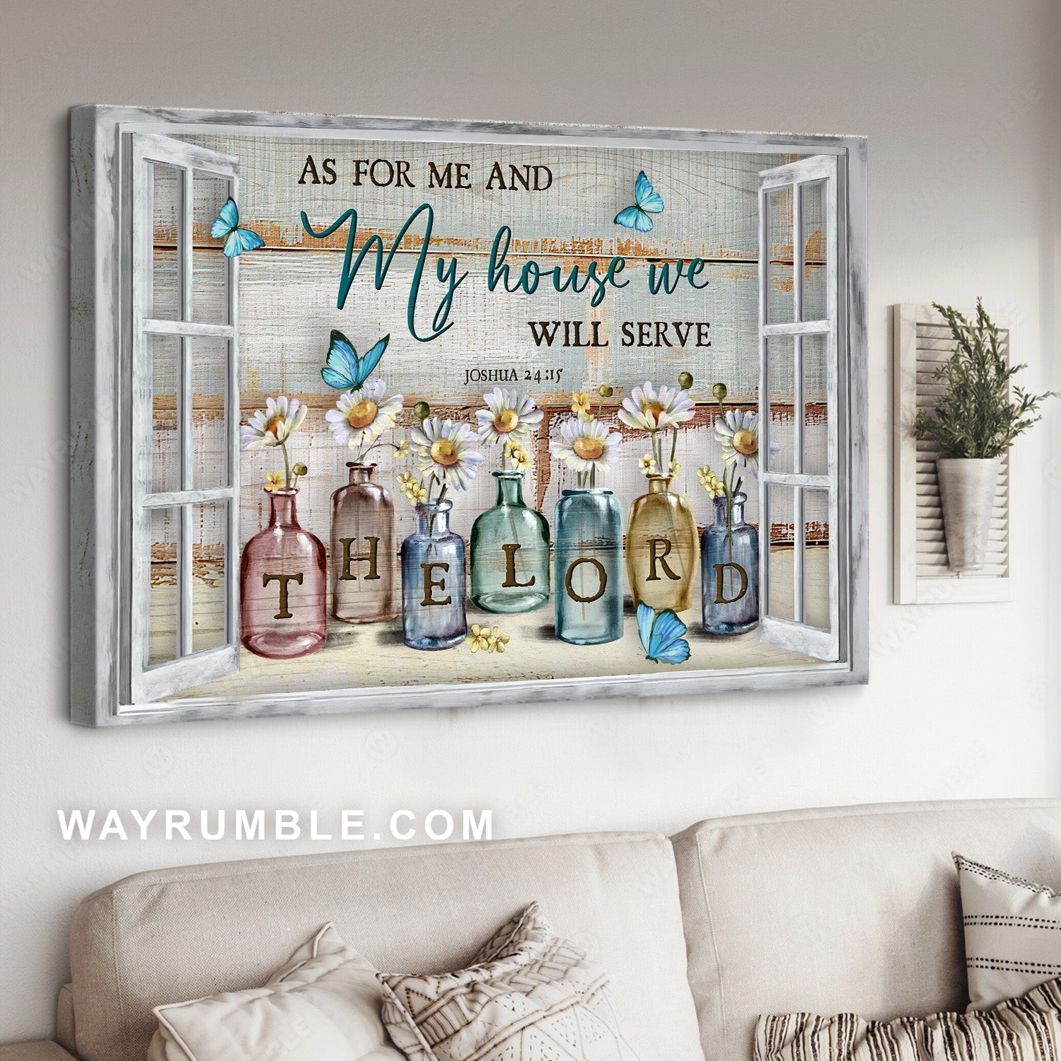 Little bottle, Small daisy, Blue butterfly, As for me and my house - Jesus Landscape Canvas Prints, Home Decor Wall Art