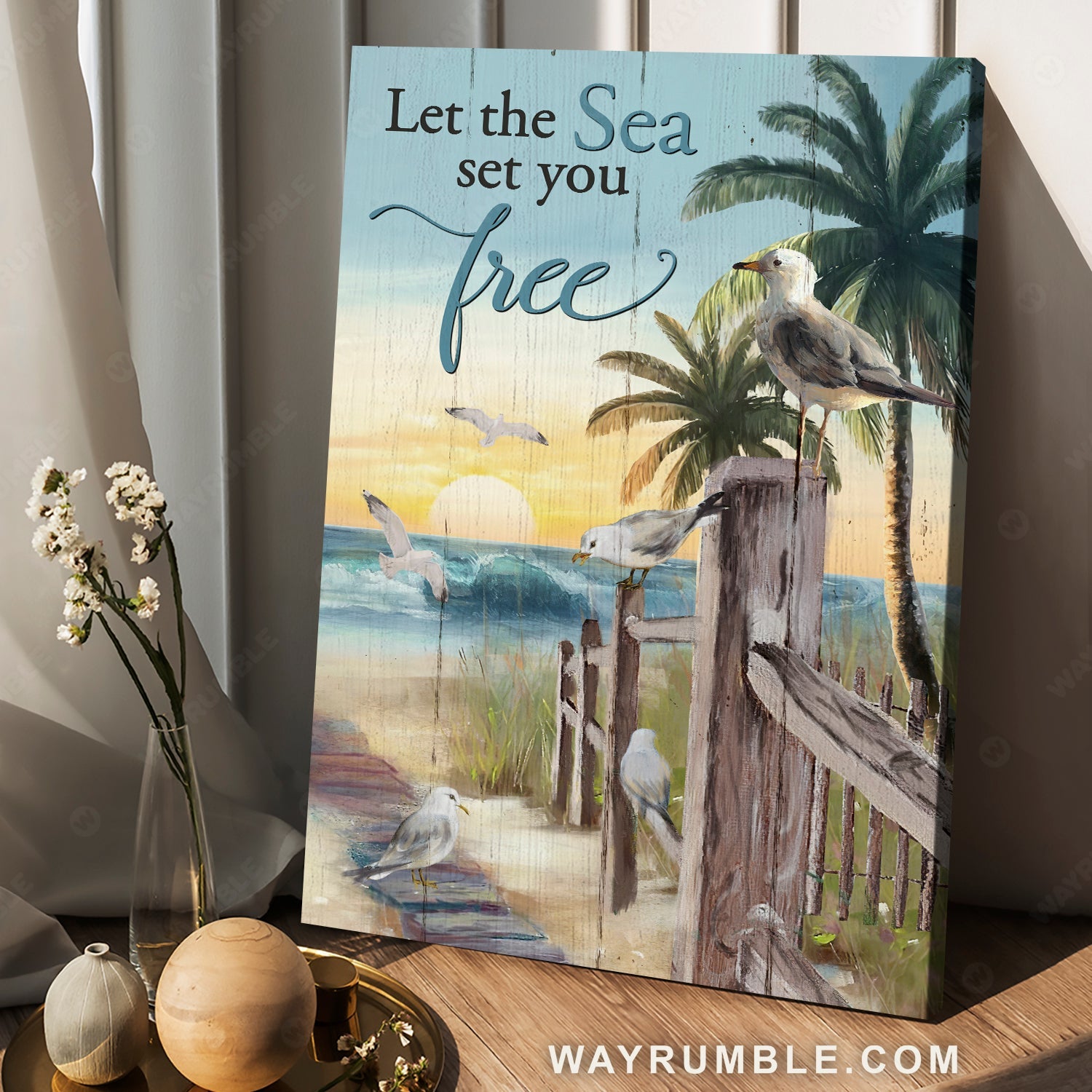 Seagull painting, Sunrise ocean, Palm tree, Let the sea set you free - Jesus Portrait Canvas Prints, Christian Wall Art