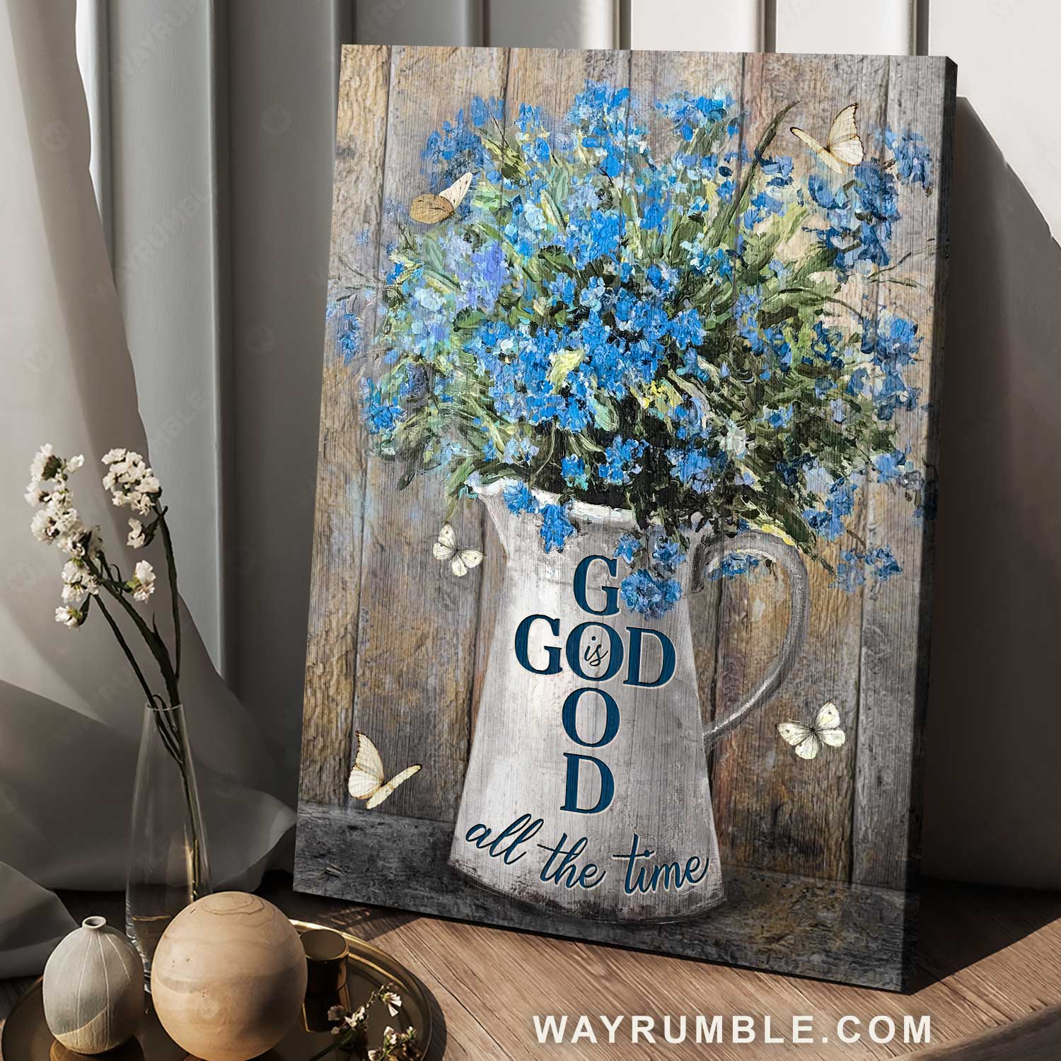 Pretty blue flower, Vintage vase, Butterfly, God is good all the time - Jesus Portrait Canvas Prints, Home Decor Wall Art