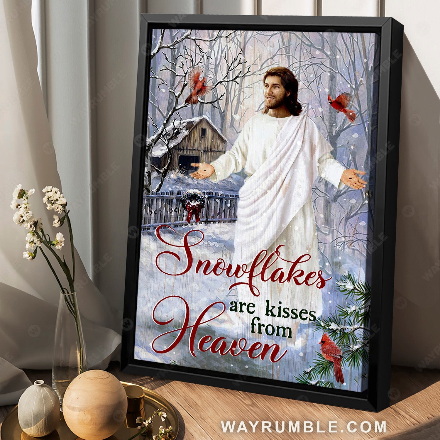 Unique Jesus painting, Winter forest, Snowflakes are kisses from heaven - Jesus Portrait Canvas Prints, Home Decor Wall Art