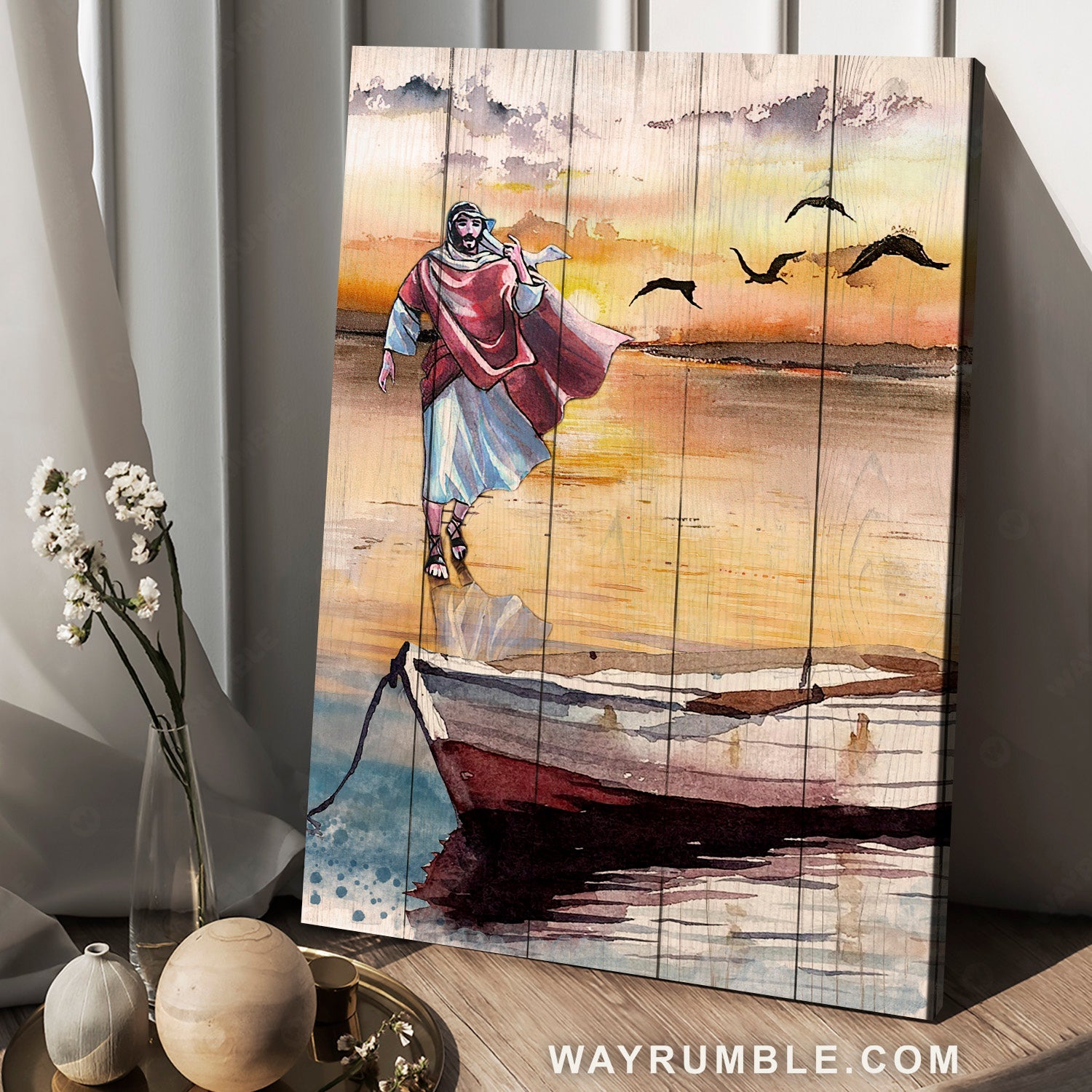Watercolor drawing, Jesus artwork, Stunning boat, Jesus walk on water - Jesus Portrait Canvas Prints, Home Decor Wall Art