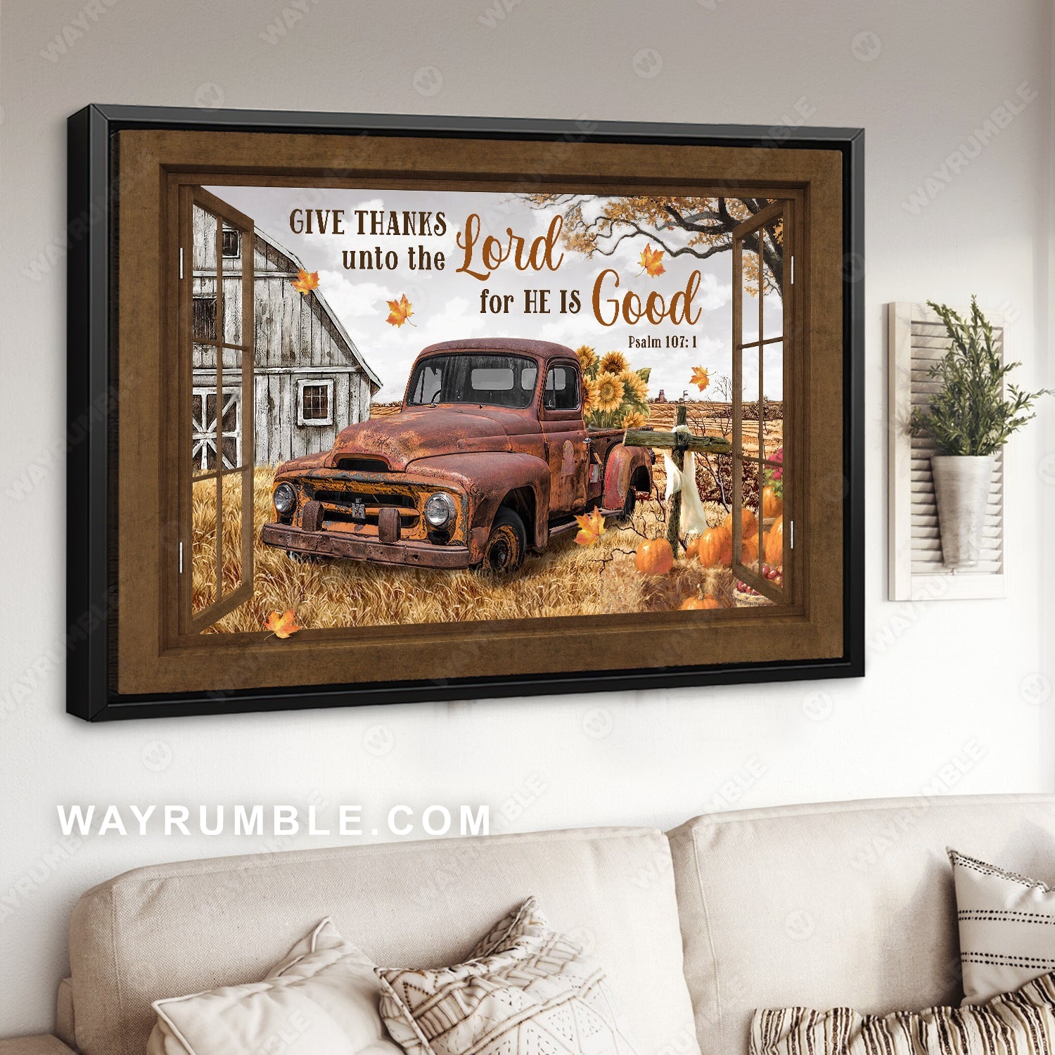 Vintage ladybug car, Sunflower, Pumpkin painting, Give thanks unto the Lord - Jesus Landscape Canvas Prints, Home Decor Wall Art