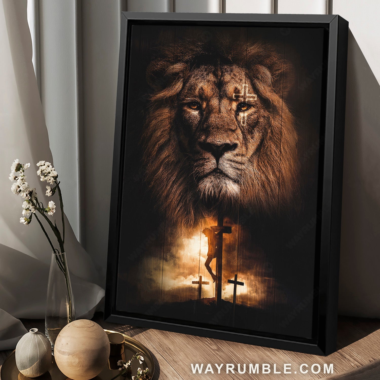 Brown lion painting, Beautiful drawing, Small cross, Jesus on the cross - Jesus Portrait Canvas Prints, Home Decor Wall Art
