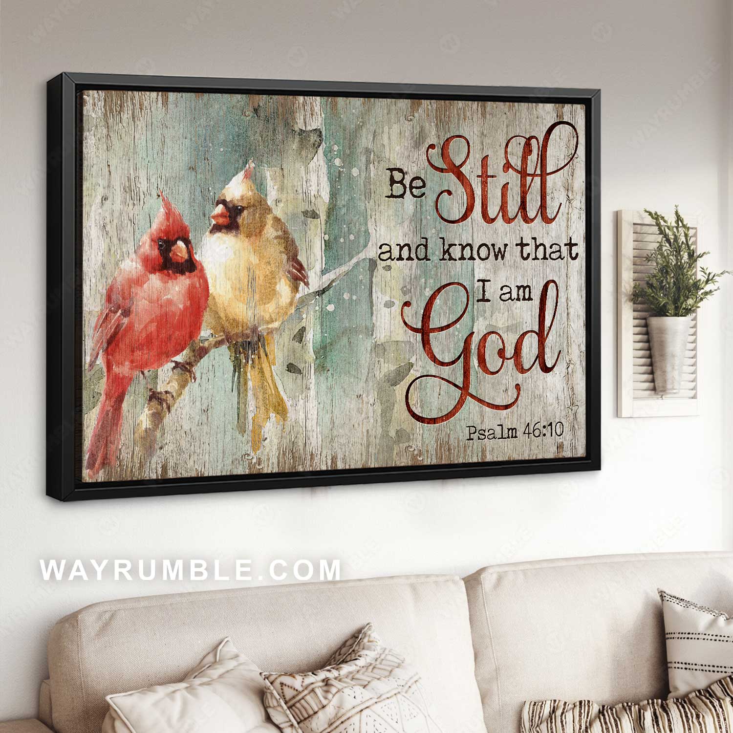 Watercolor cardinal, Vintage artwork, Be still and know that I am God - Jesus Landscape Canvas Prints, Home Decor Wall Art
