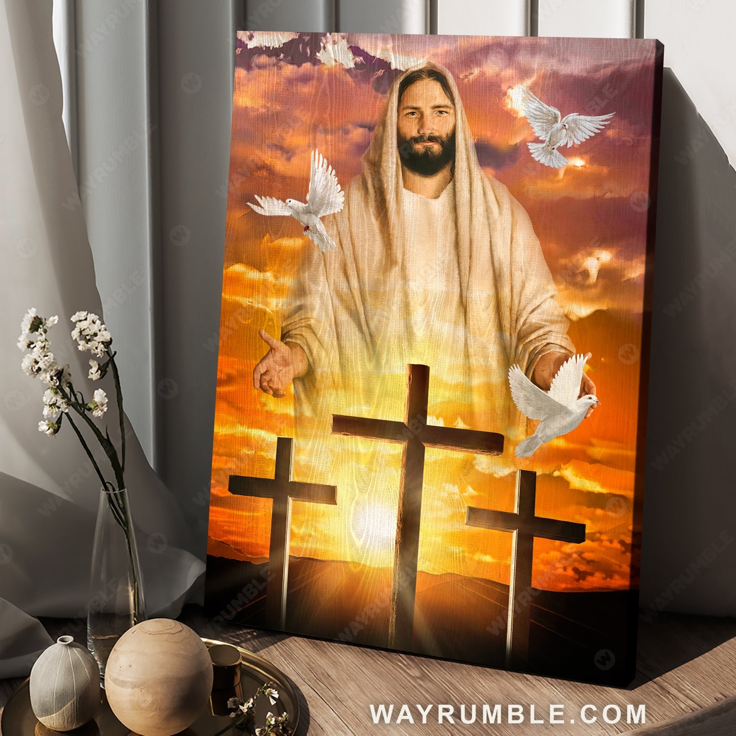 Orange sunset, Awesome Jesus painting, Lovely dove, Cross symbol - Jesus Portrait Canvas Prints, Home Decor Wall Art