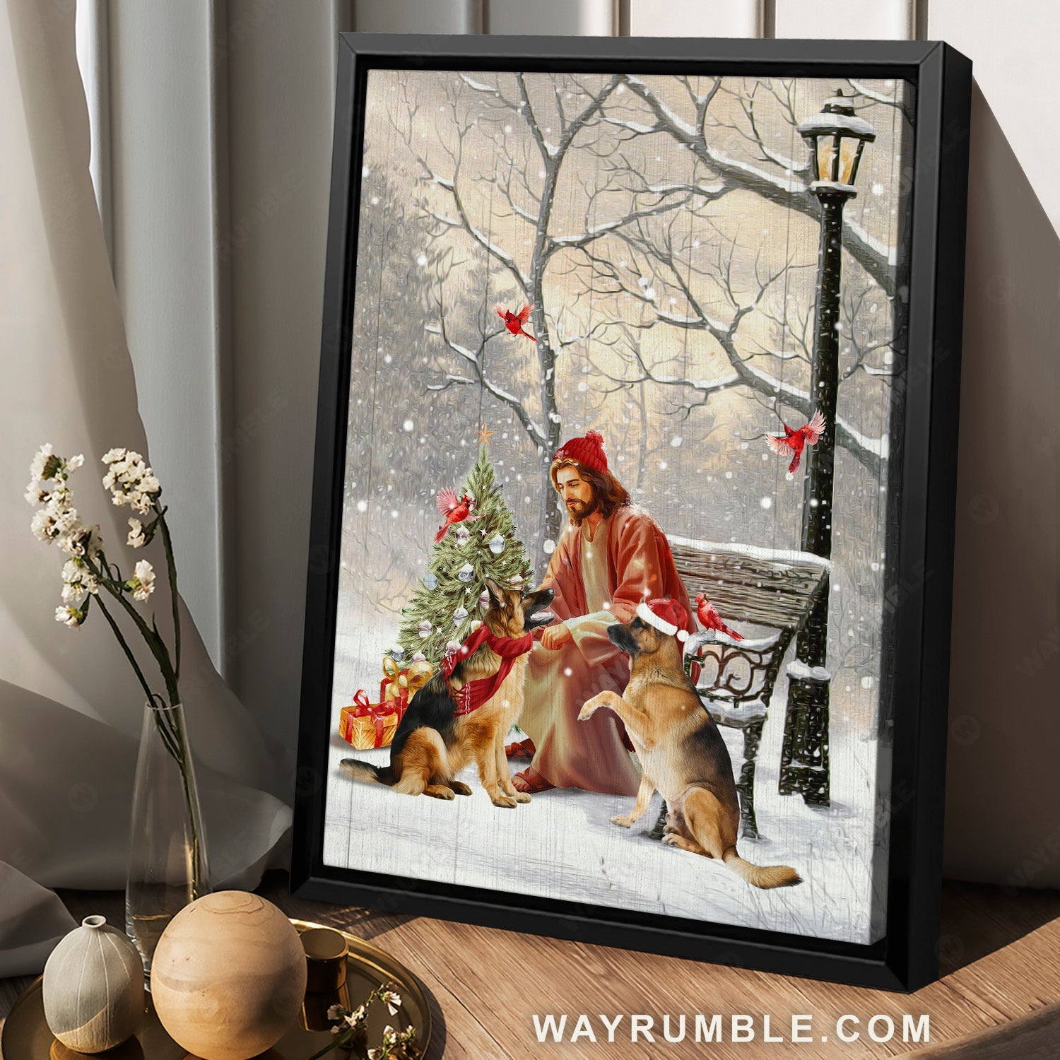 Christmas painting, Lovely German Shepherd, Christmas tree - Jesus Portrait Canvas Prints, Christmas Wall Art