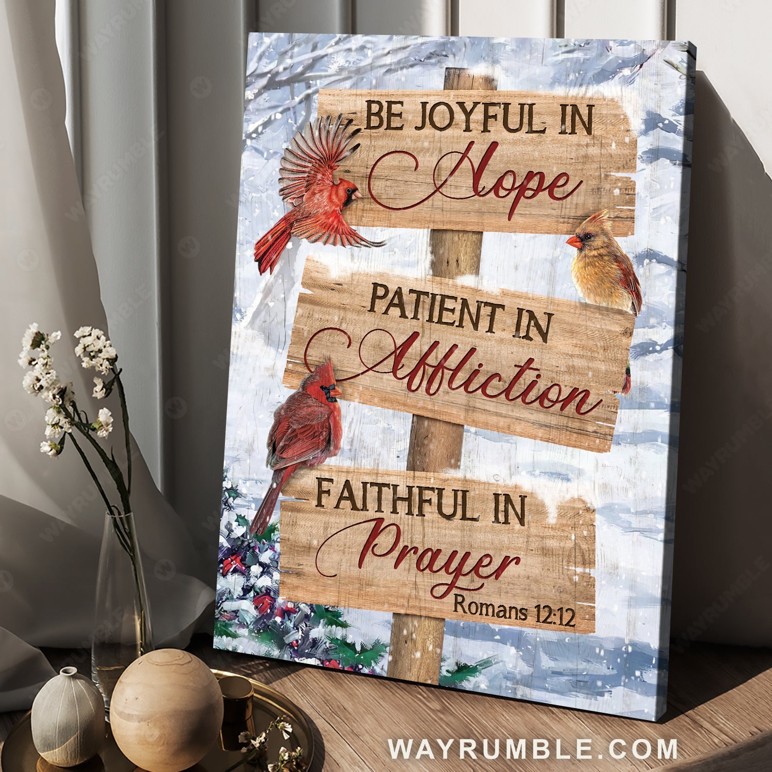 Beautiful sign, Winter forest, Pretty cardinal, Be joyful in hope - Jesus Portrait Canvas Prints, Home Decor Wall Art