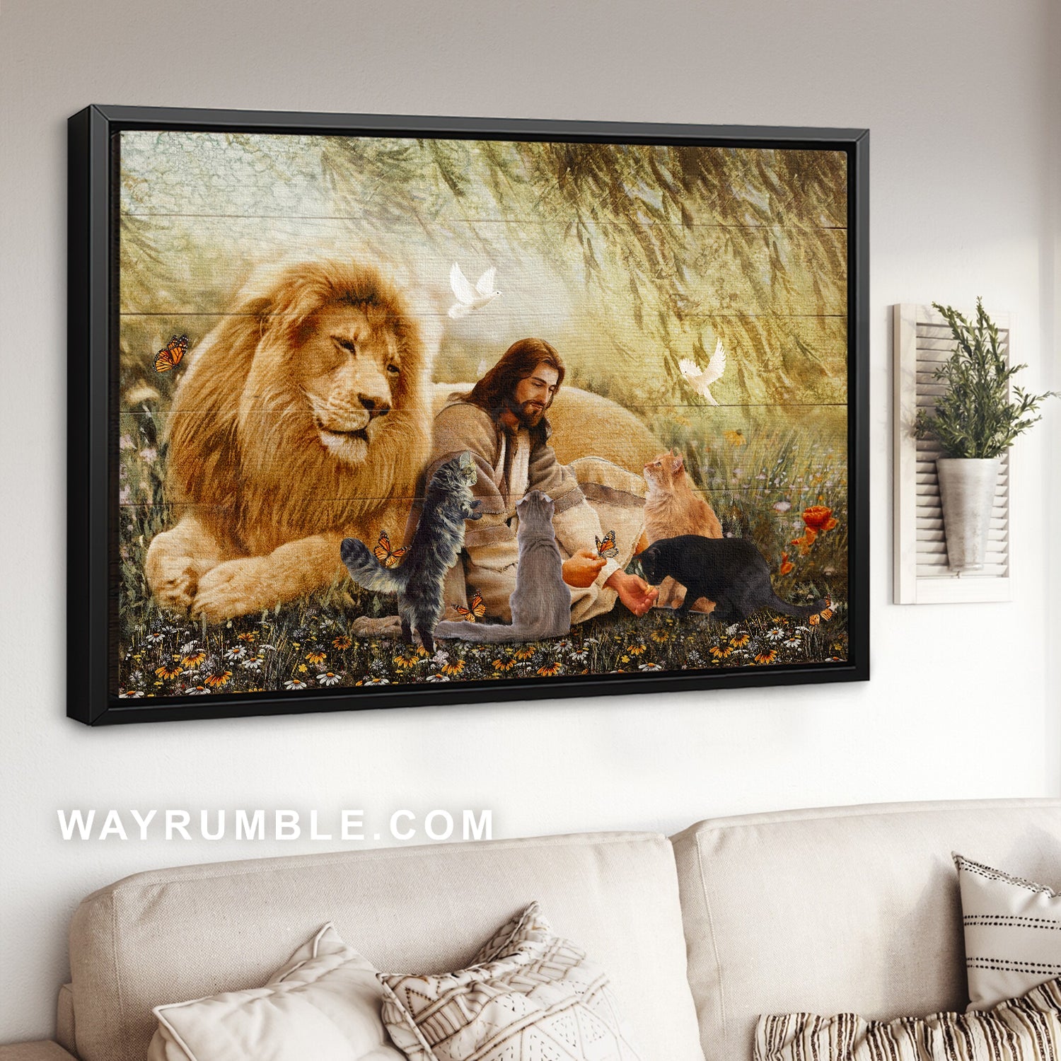 Big lion, Jesus with animal, Beautiful cat painting, Daisy field - Jesus Landscape Canvas Prints, Home Decor Wall Art