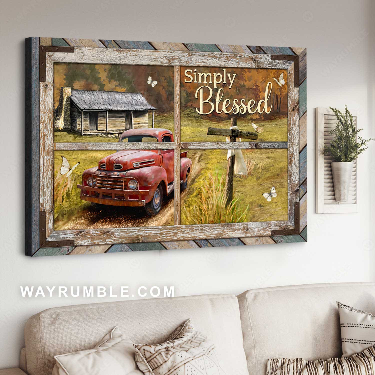Green meadow land, Vintage ladybug car, Beautiful countryside, Simply blessed - Jesus Landscape Canvas Prints, Home Decor Wall Art