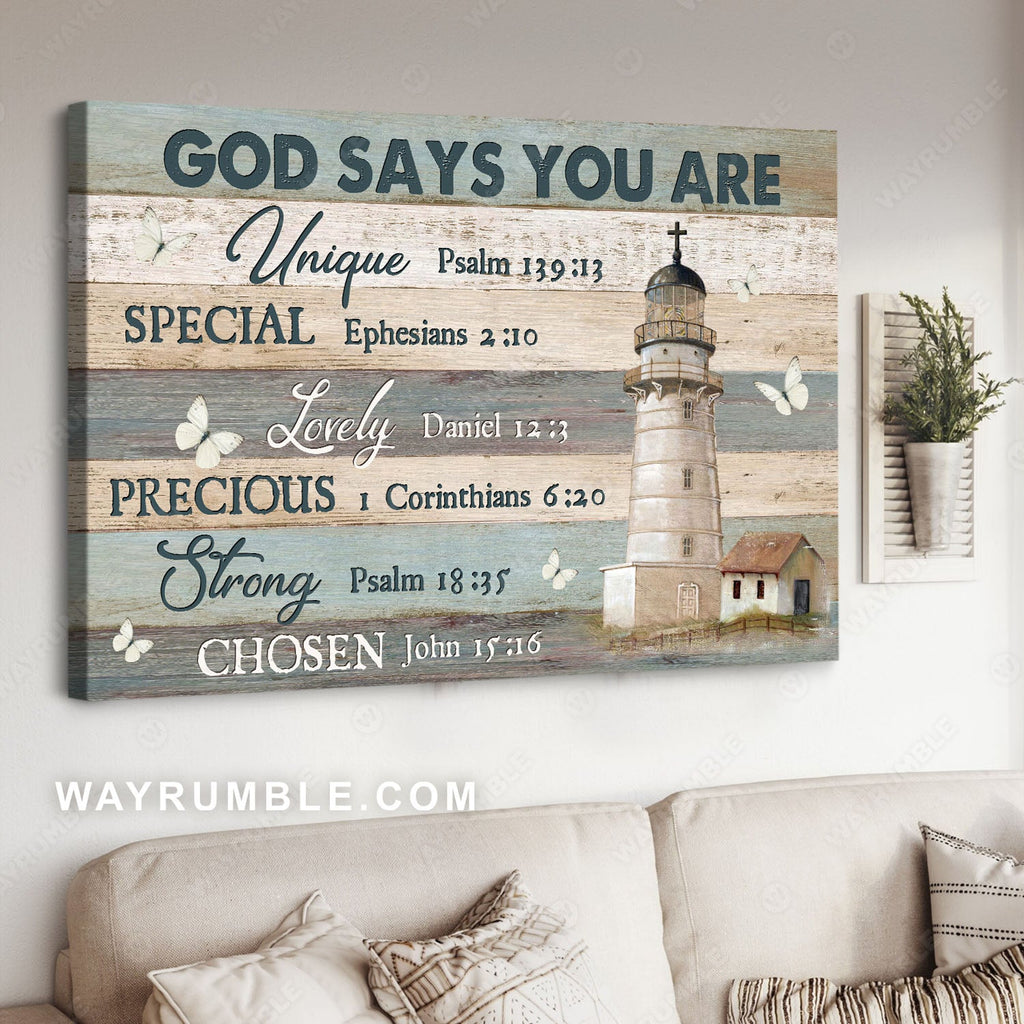 Light house, Flying butterfly, Wood plank texture, God says you are unique - Jesus Landscape Canvas Prints, Christian Wall Art