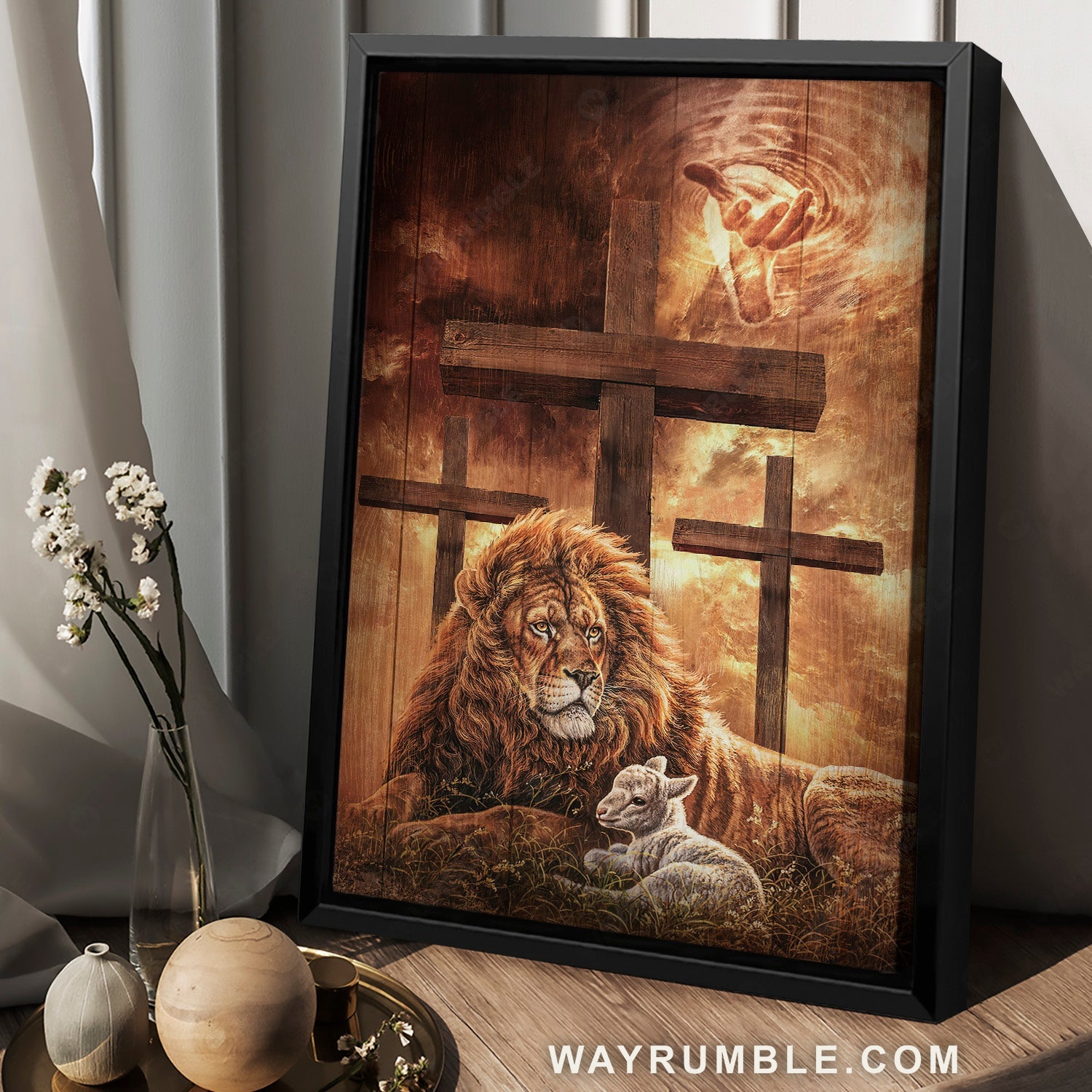 Beautiful cross symbol, Big lion, Little lamb, Holding Jesus hand - Jesus Portrait Canvas Prints, Home Decor Wall Art