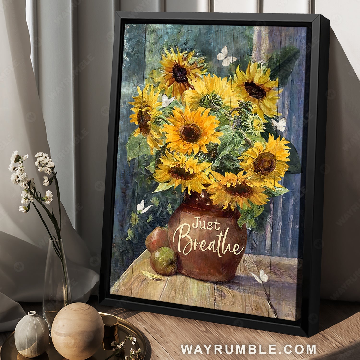 Still life artwork, Watercolor sunflower, White butterfly, Just breathe - Jesus Portrait Canvas Prints, Home Decor Wall Art