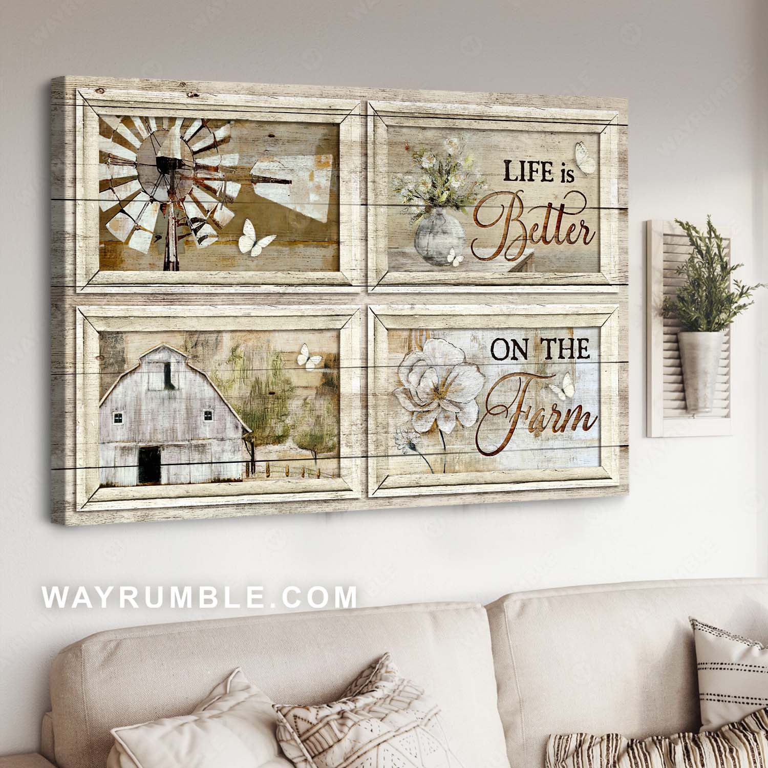 Vintage windmill, Old house, Flower vase, Life is better on the farm - Jesus Landscape Canvas Prints, Home Decor Wall Art