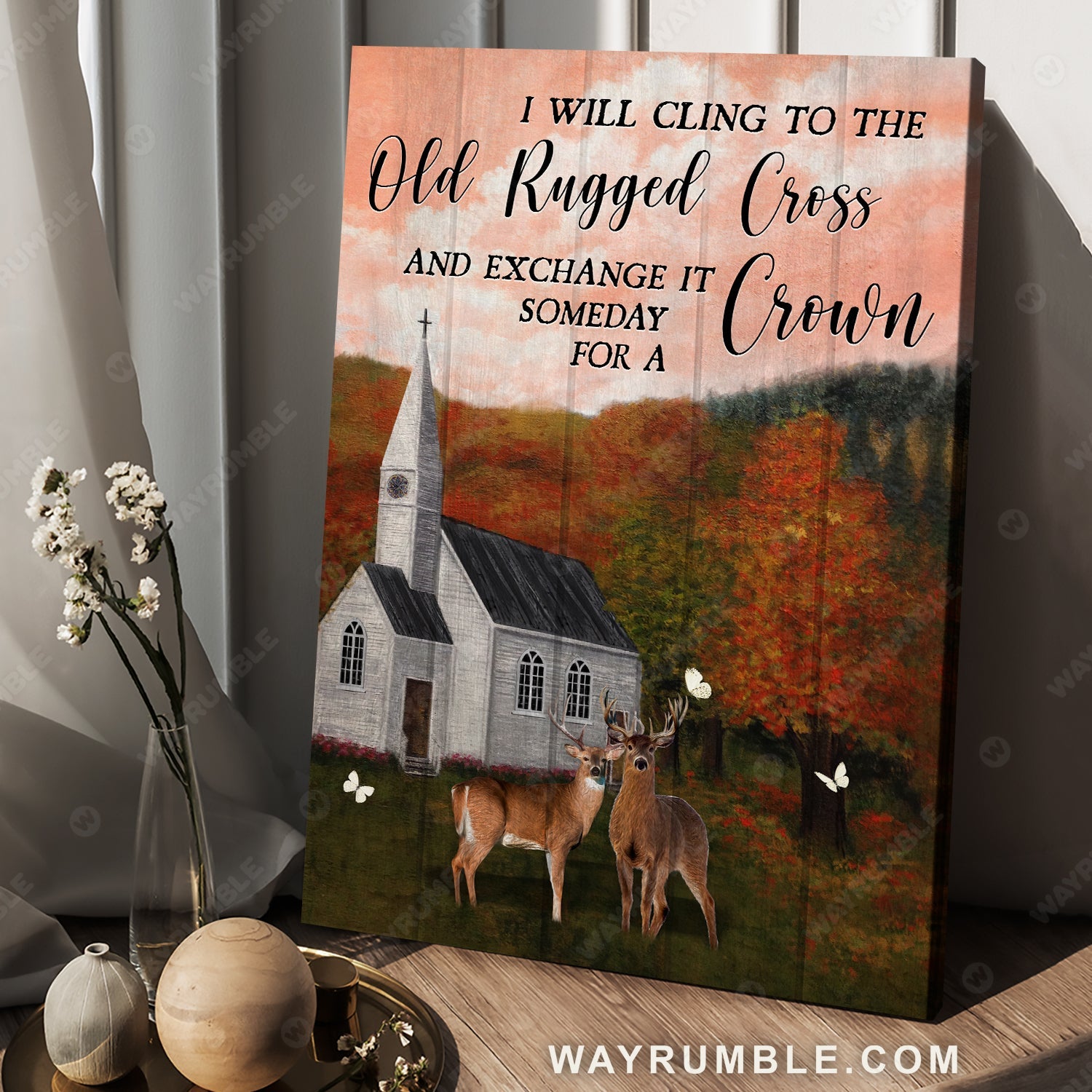 Pink sunset, Autumn forest, Deer drawing, I will cling to the old rugged cross - Jesus Portrait Canvas Prints, Christian Wall Art