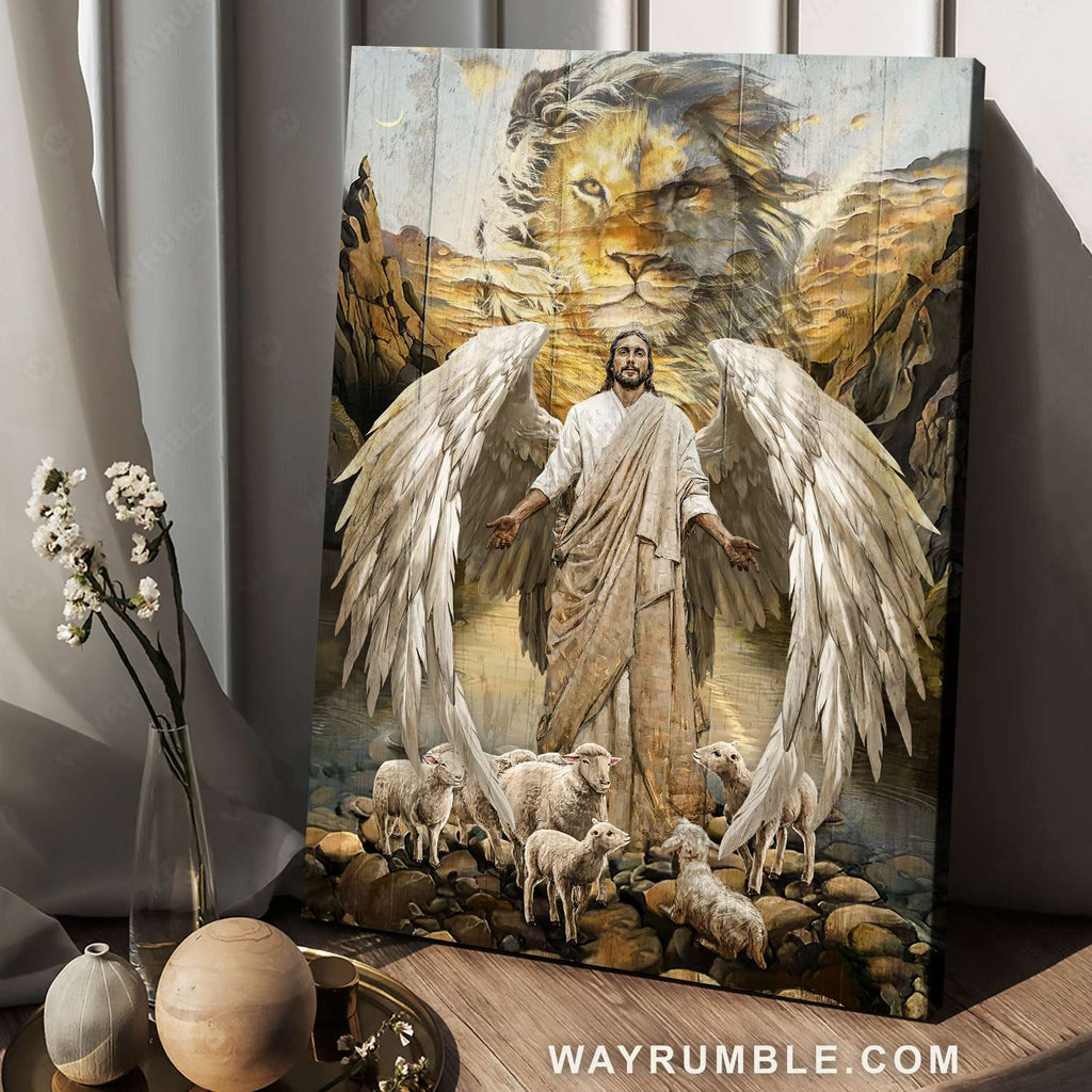 Lord wings, Lion of Judah, Lambs of God, Desert valley - Jesus Portrait Canvas Prints, Christian Wall Art