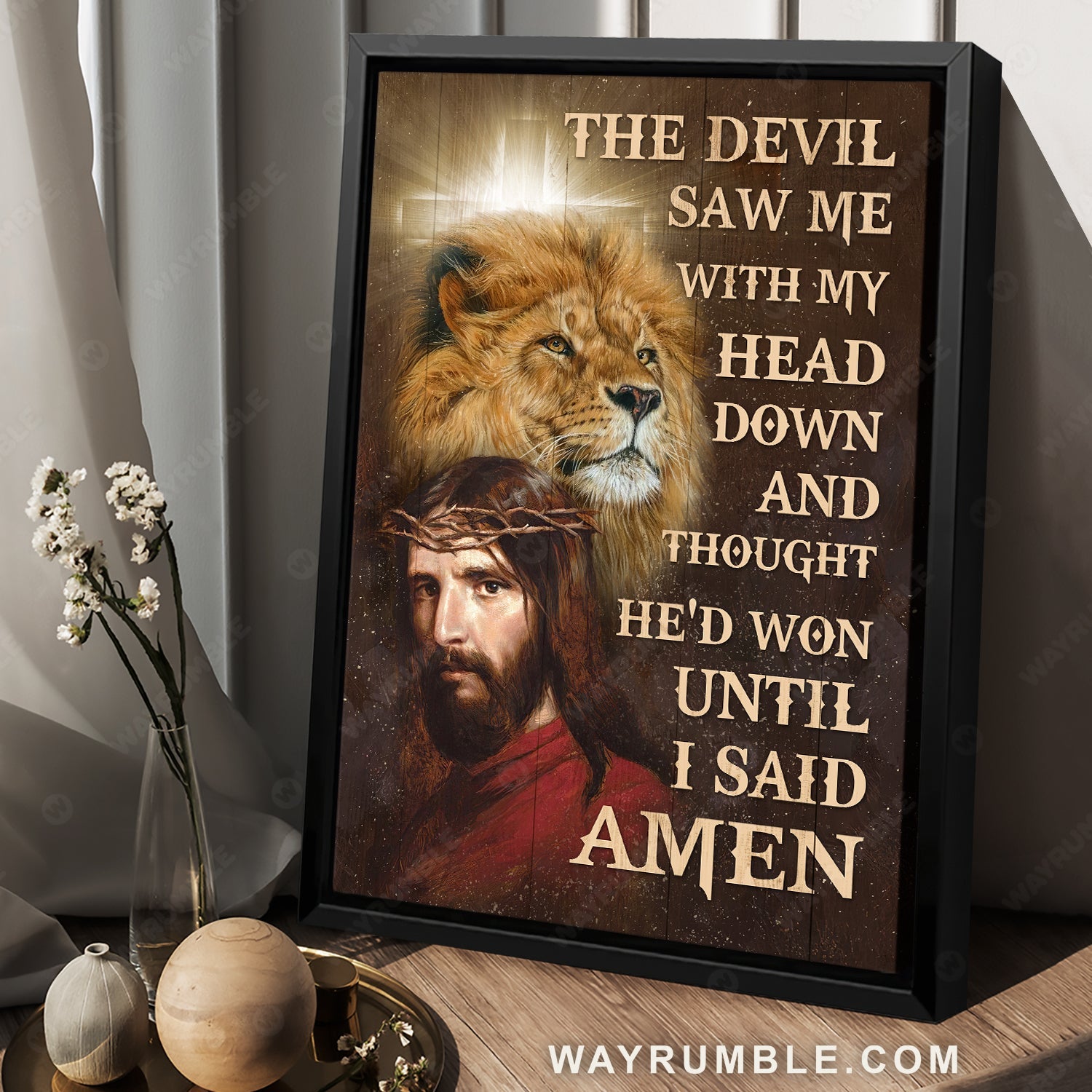 Beautiful lion face, Unique Jesus painting, The devil saw me with my head down - Jesus Portrait Canvas Prints, Home Decor Wall Art