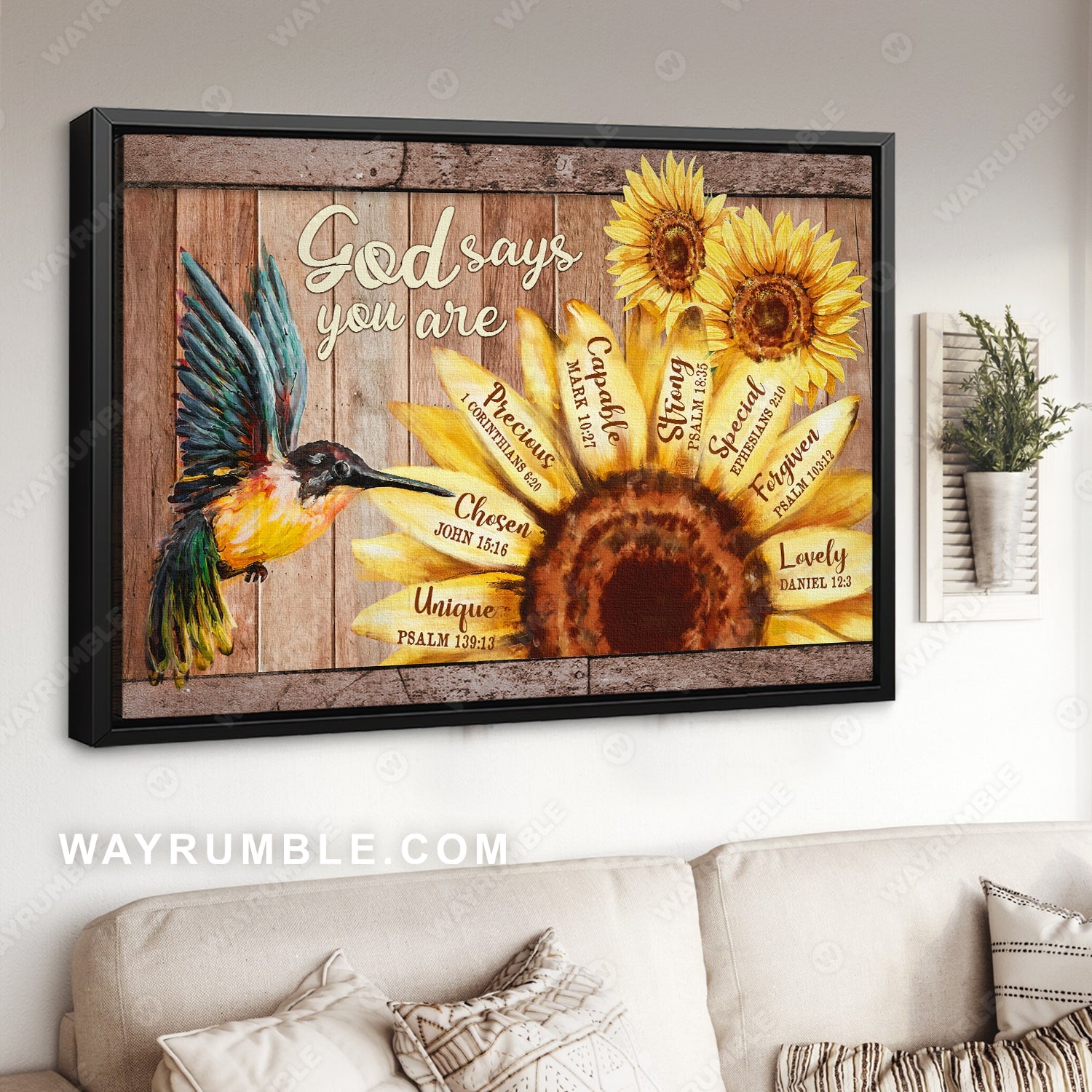 Beautiful hummingbird, Big sunflower, God says you are unique - Jesus Landscape Canvas Prints, Christian Wall Art