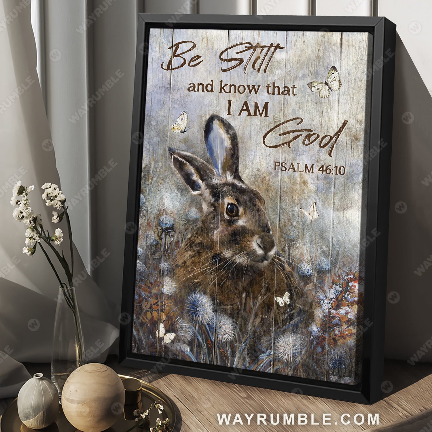 Brown rabbit, Blue dandelion, Butterfly, Be still and know that I am God - Jesus Portrait Canvas Prints, Christian Wall Art