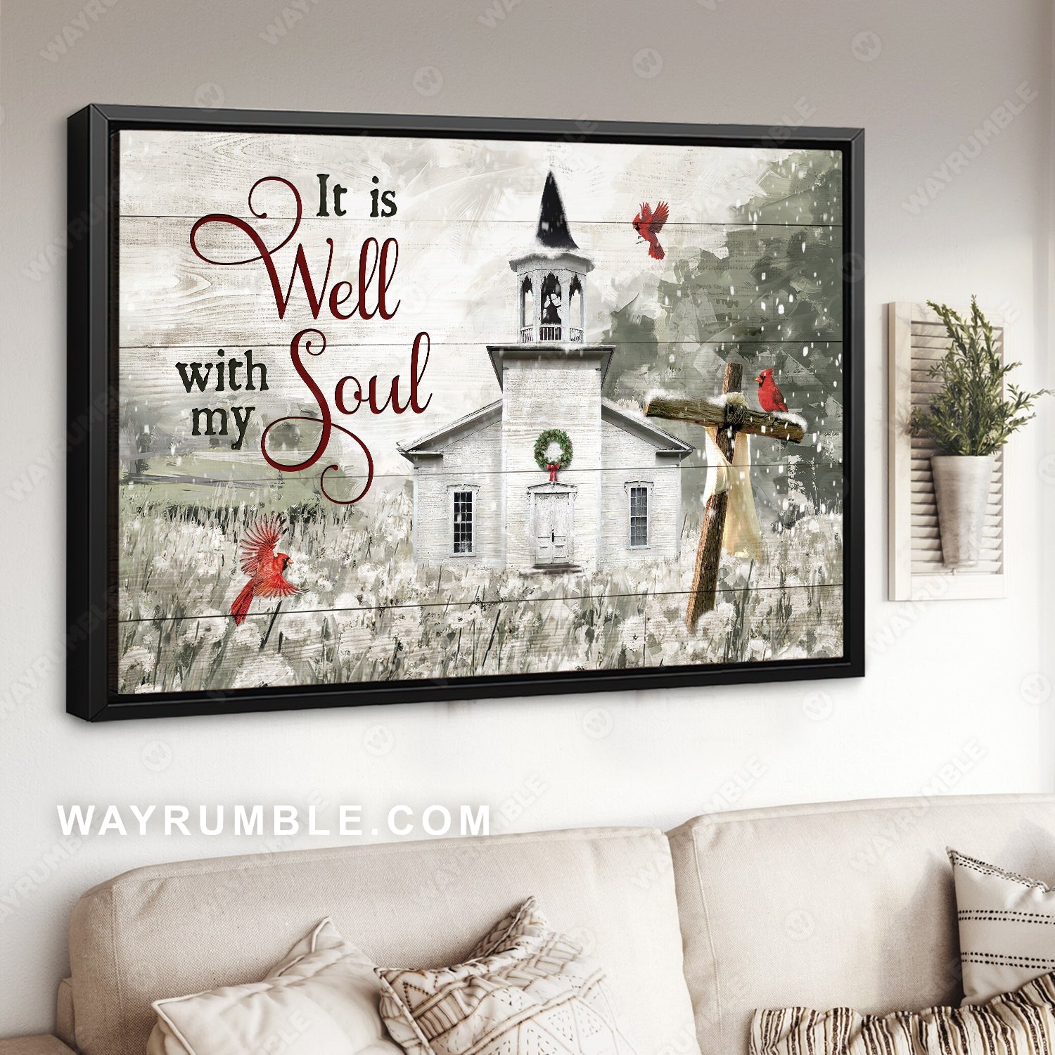 Watercolor church, Winter vibe, Red cardinal, It is well with my soul - Jesus Landscape Canvas Prints, Home Decor Wall Art