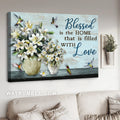 Pretty lily vase, White daisy, Cute hummingbird, Blessed is the home - Jesus Landscape Canvas Prints, Home Decor Wall Art