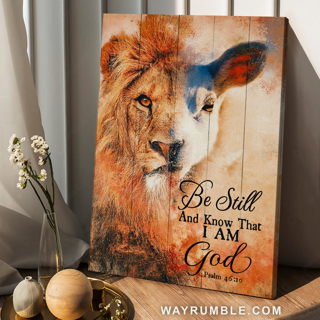 Face of lamb, Lion of Judah, Orange halo, Be still and know that I am God - Jesus Portrait Canvas Prints, Home Decor Wall Art