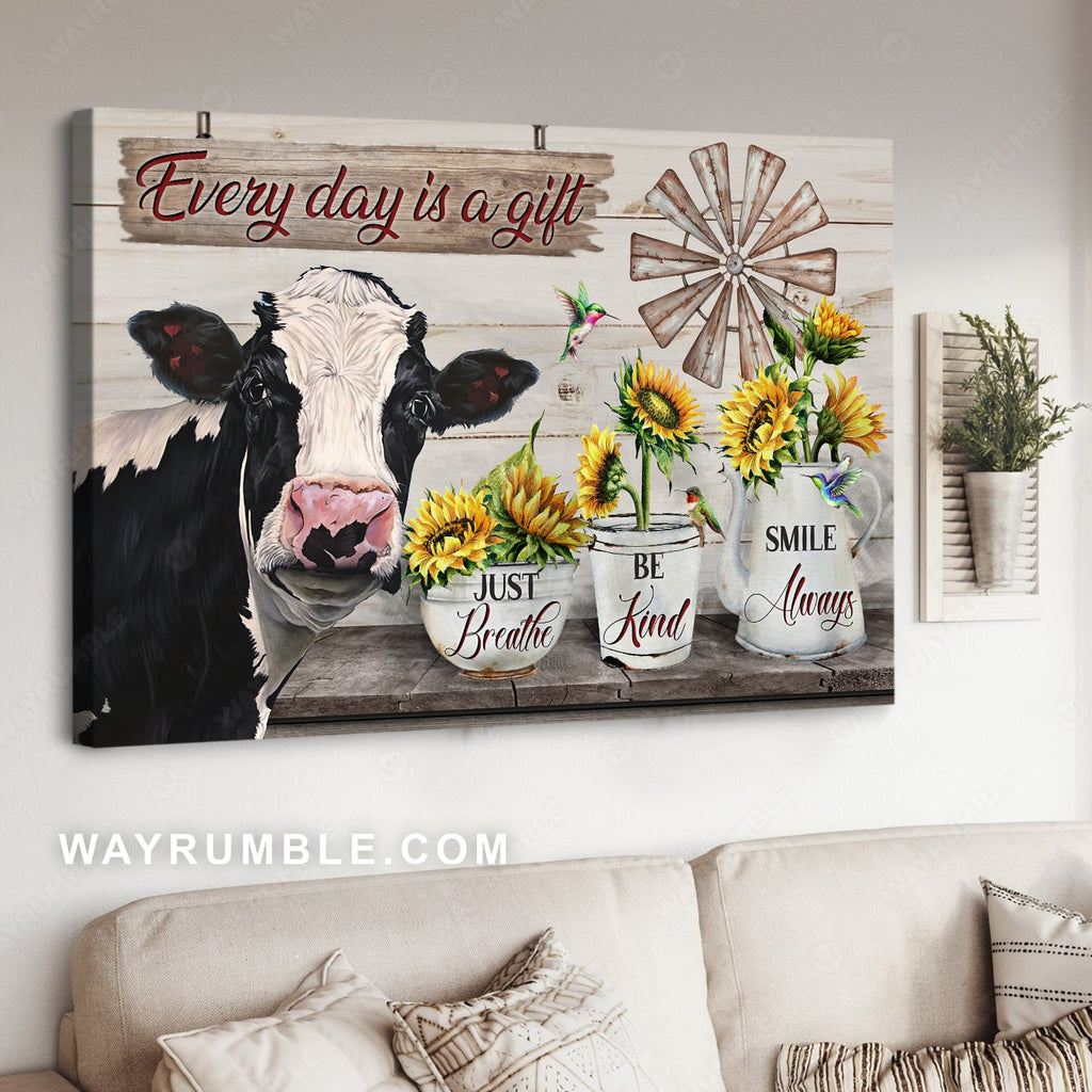 Dairy cow, Sunflower vase, Green hummingbird, Every day is a gift - Jesus Landscape Canvas Prints, Christian Wall Art