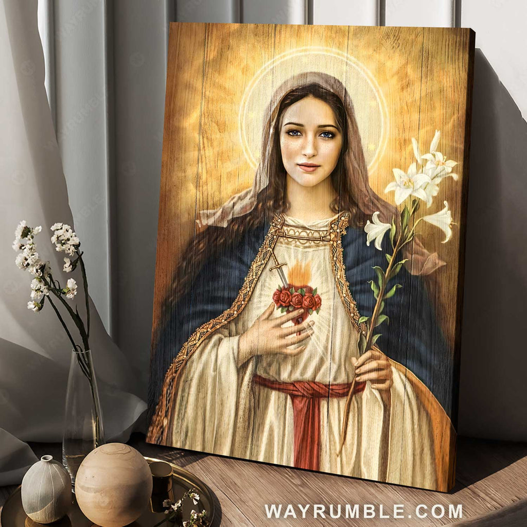 Stunning Maria, Awesome artwork, Lily flower, Infinite halo - Jesus Portrait Canvas Prints, Home Decor Wall Art