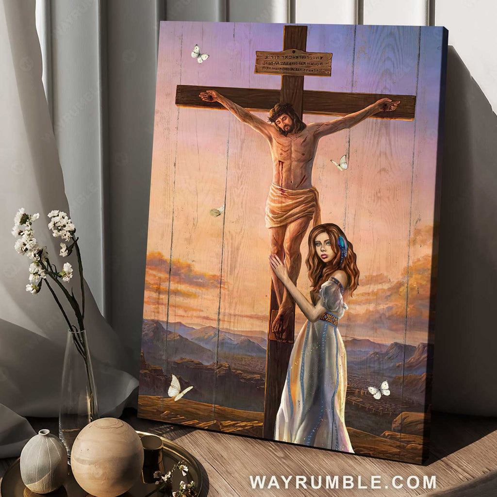 Pray for healing, Jesus on the cross, Stunning sunset, Beautiful girl - Jesus Portrait Canvas Prints, Home Decor Wall Art