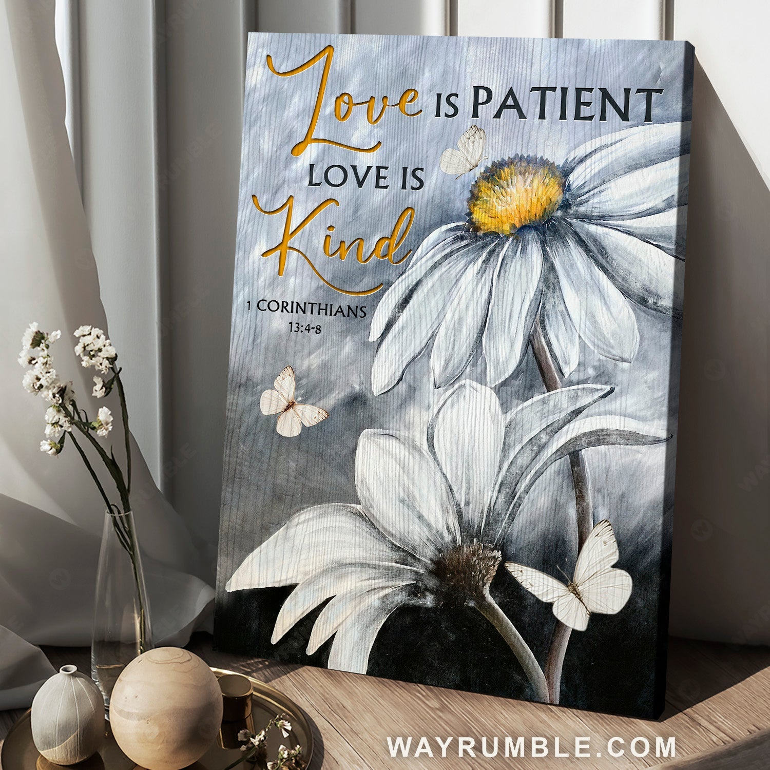 White daisy, Watercolor flower, Pretty butterfly, Love is patient, Love is kind - Jesus Portrait Canvas Prints, Home Decor Wall Art