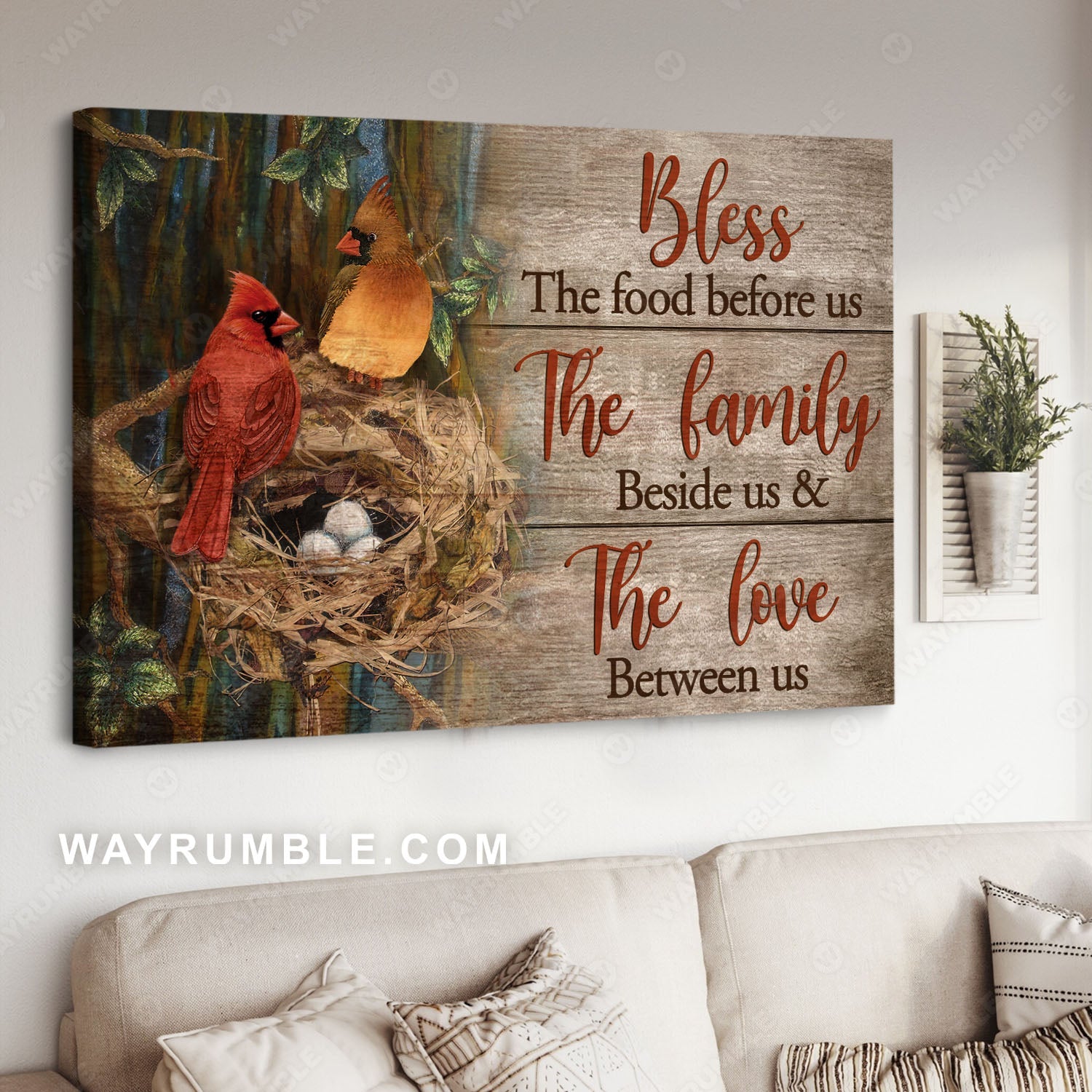 Cardinal couple, Bird nest, In the forest, Bless the food before us - Jesus Landscape Canvas Prints, Christian Wall Art