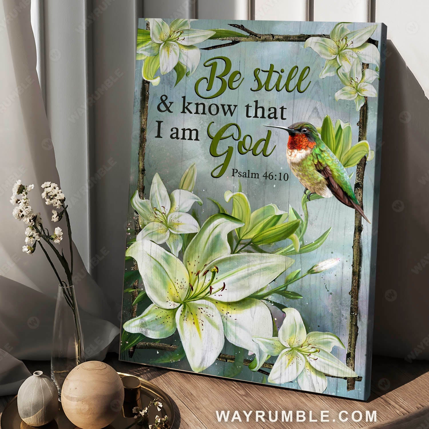 Lily flower, Hummingbird painting, Still life painting, Be still and know that I am God - Jesus Portrait Canvas Prints, Christian Wall Art