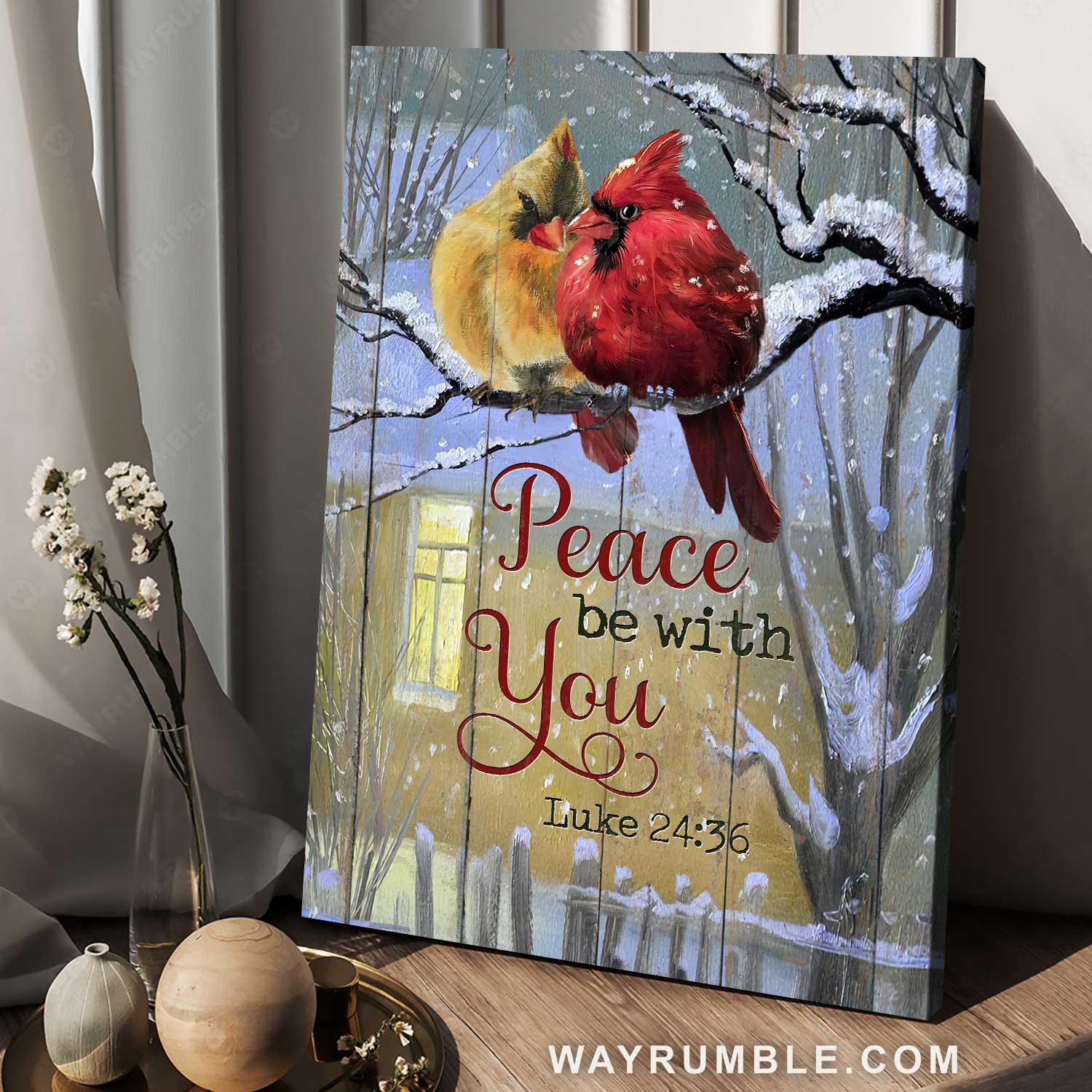 Lovely cardinal, Winter night, White snow, Peace be with you - Jesus Portrait Canvas Prints, Home Decor Wall Art