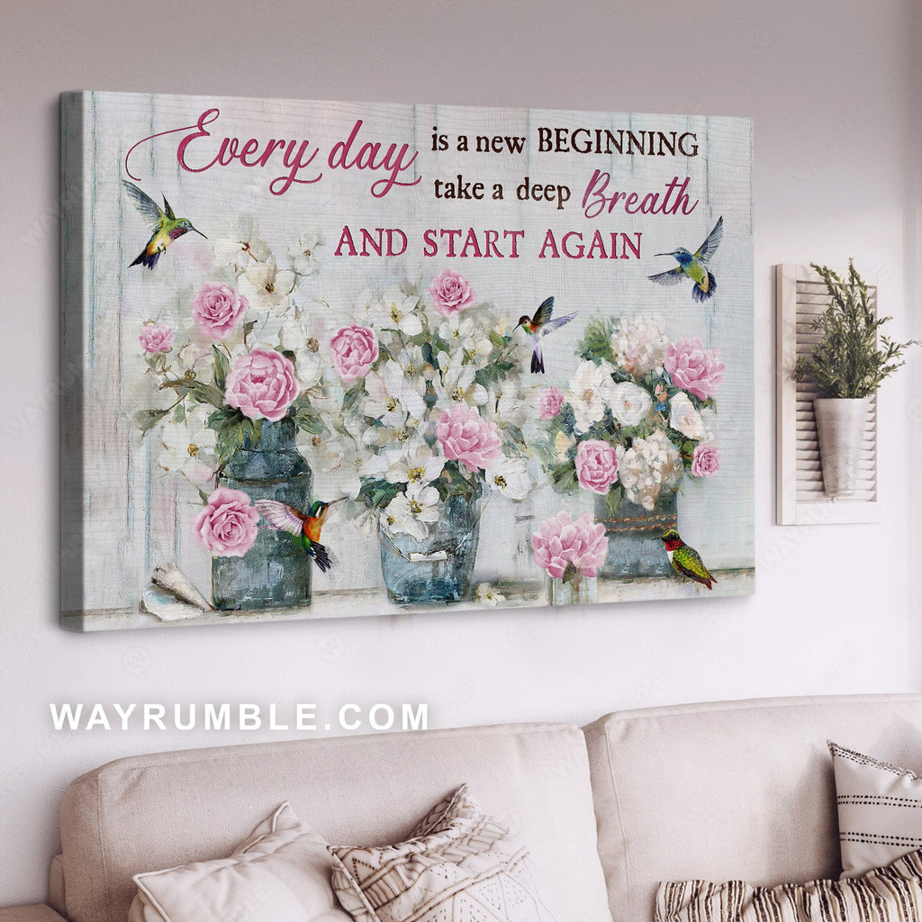 Pink peony flower, Jasmine vase, Hummingbird, Every day is a new beginning - Jesus Landscape Canvas Prints, Home Decor Wall Art