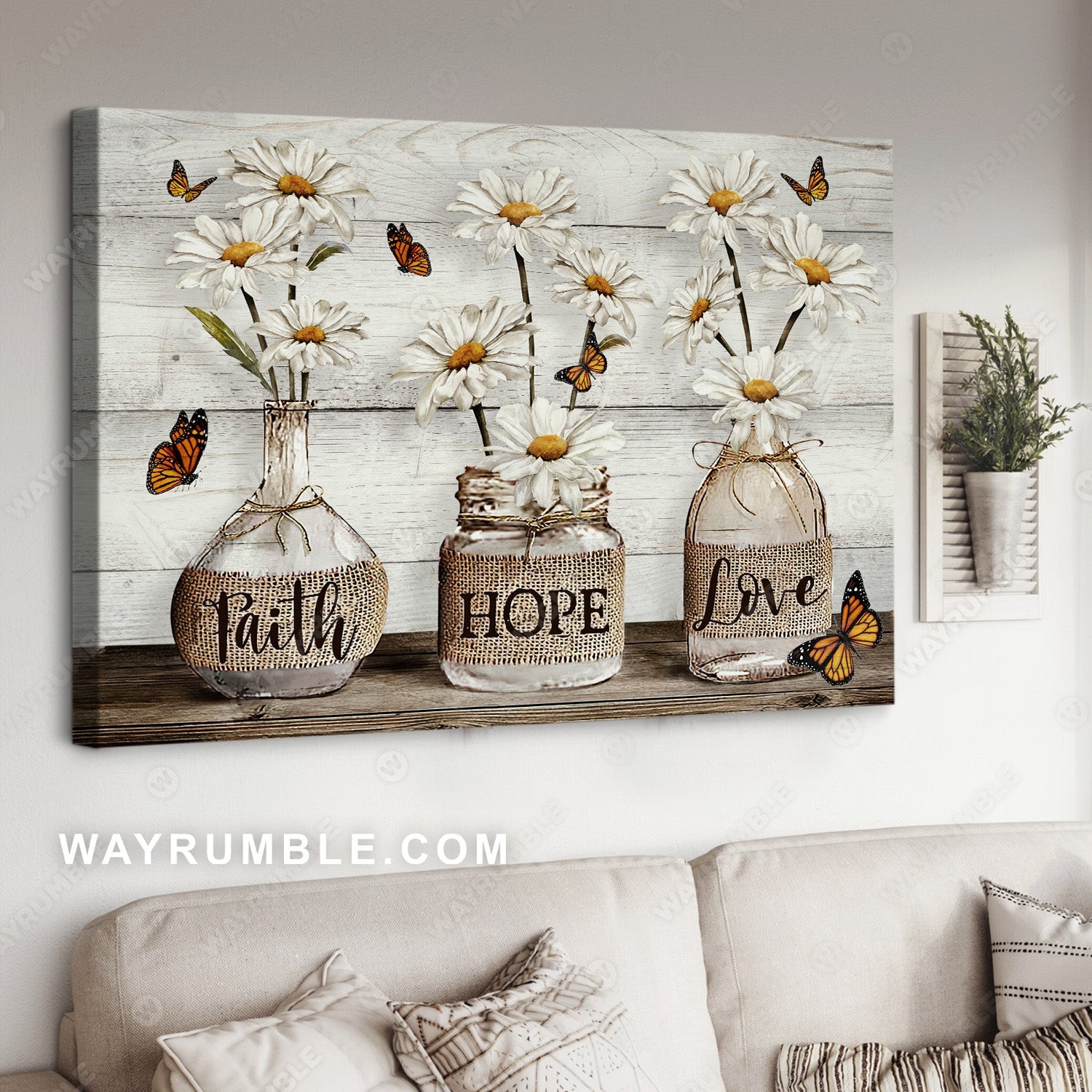 Vintage daisy vase, Monarch butterfly, Home Decor, Faith, Hope, Love - Jesus Landscape Canvas Prints, Home Decor Wall Art