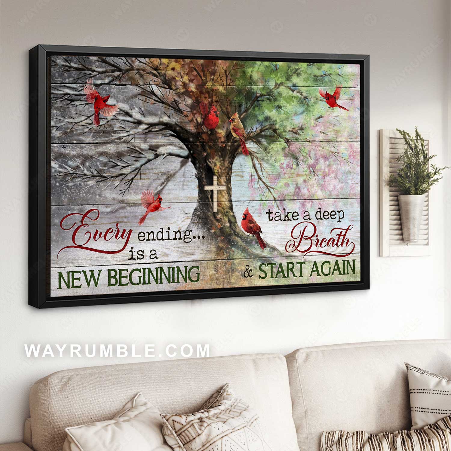 Amazing tree, Four seasons tree, Cardinal, Every ending is a new beginning - Jesus Landscape Canvas Prints, Christian Wall Art