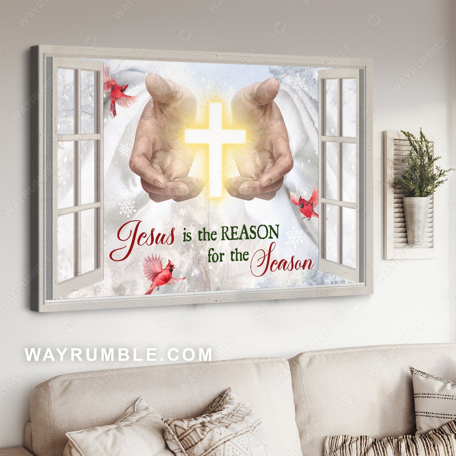 White cross, Beautiful Jesus hand, Jesus is the reason for the season - Jesus Landscape Canvas Prints, Home Decor Wall Art