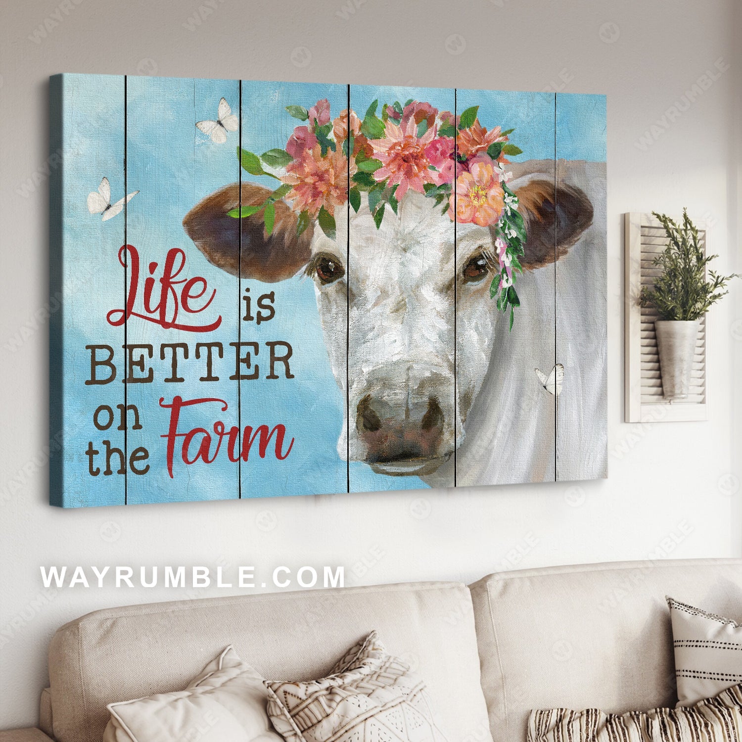 White cow, Colorful flower wreath, Blue sky, Life is better on the farm - Jesus Landscape Canvas Prints, Home Decor Wall Art