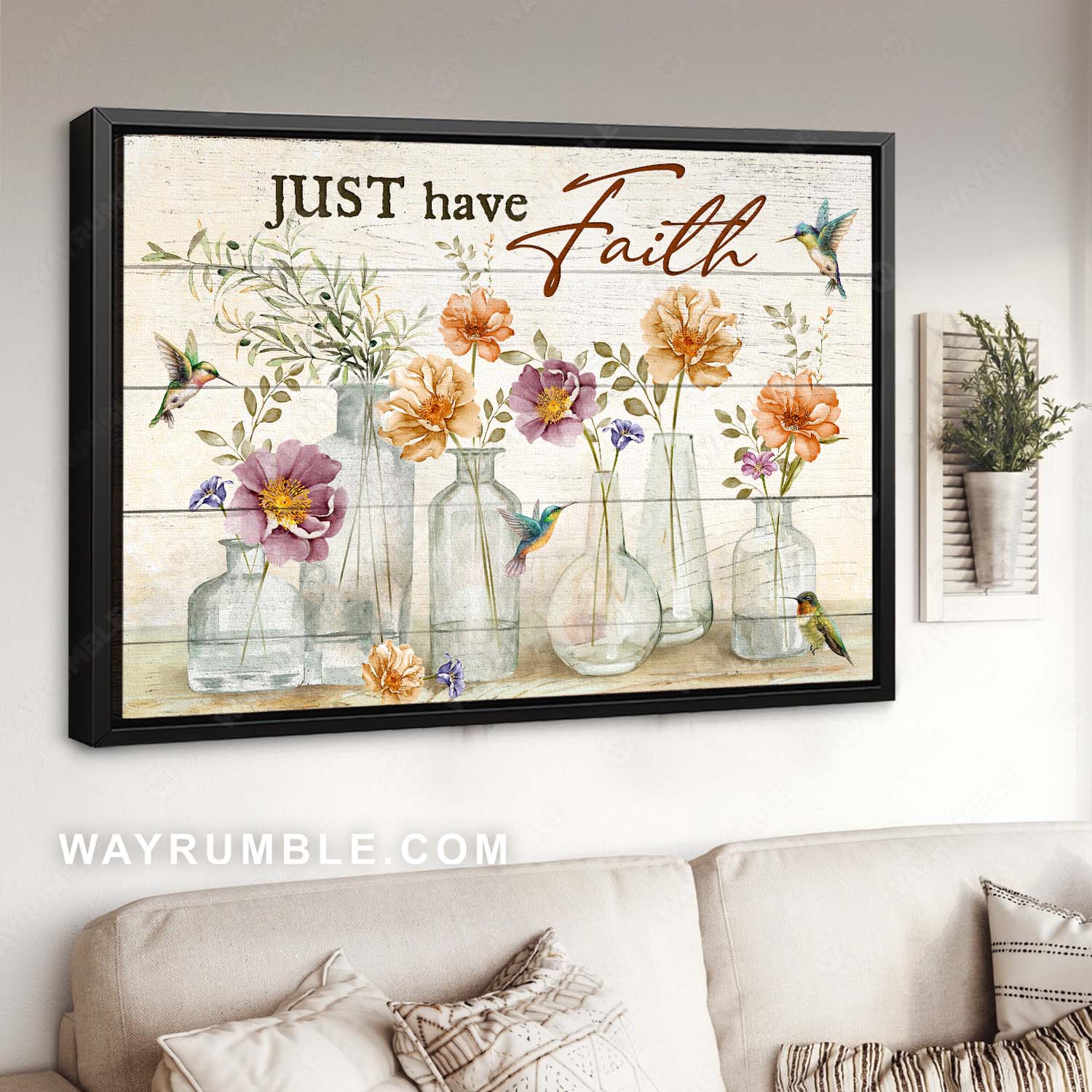 Gift for flower lover, Vintage flower, Little hummingbird, Just have faith - Jesus Landscape Canvas Prints, Home Decor Wall Art