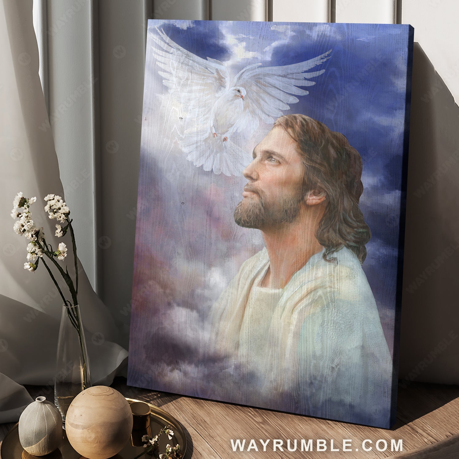 Vintage drawing, Happy Jesus, Peace dove, Beautiful sky artwork - Jesus Portrait Canvas Prints, Home Decor Wall Art
