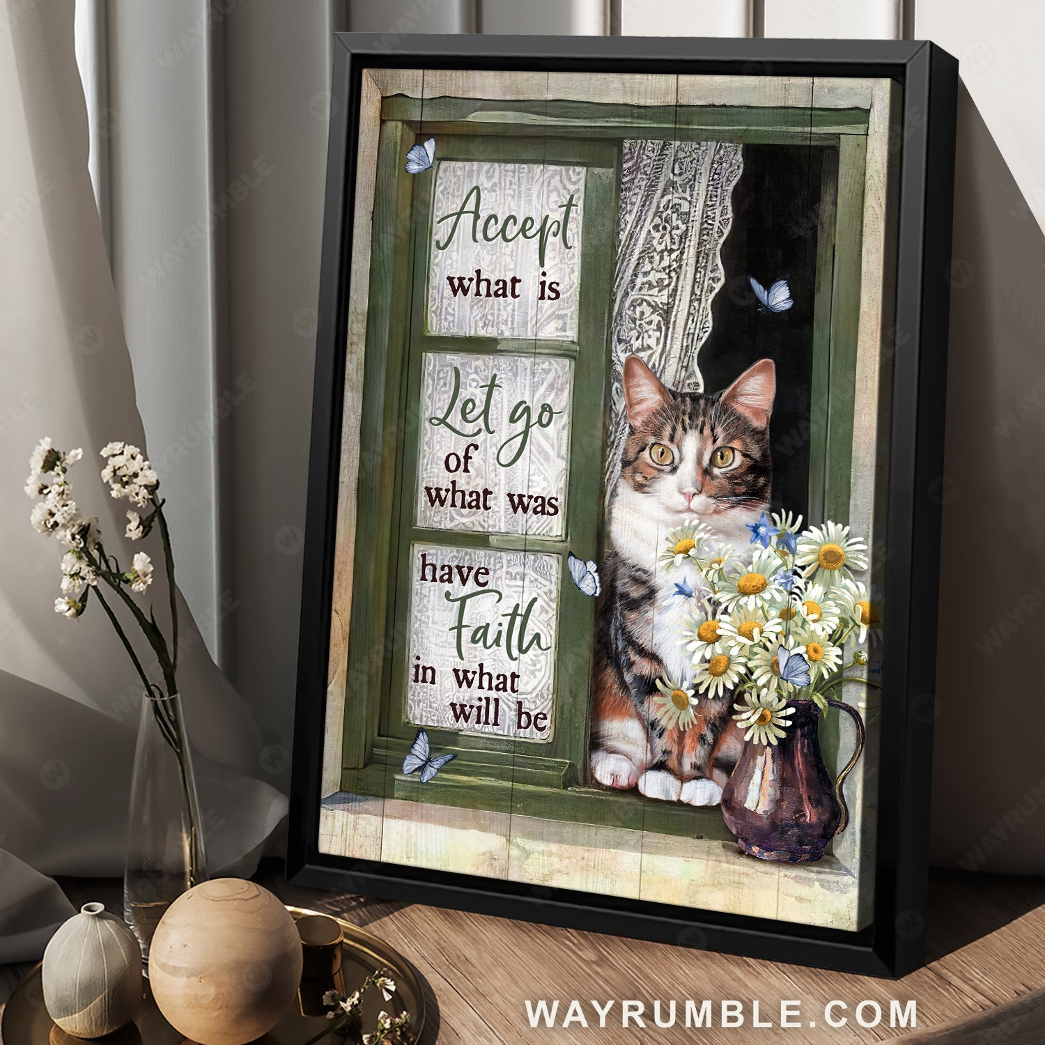 Angry cat, Daisy vase, Green window, Accept what is let go - Jesus Portrait Canvas Prints, Home Decor Wall Art