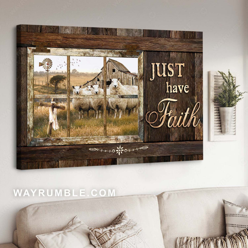 Rustic farmhouse, Amazing sheep, Wooden cross, Just have faith - Jesus Landscape Canvas Prints, Home Decor Wall Art