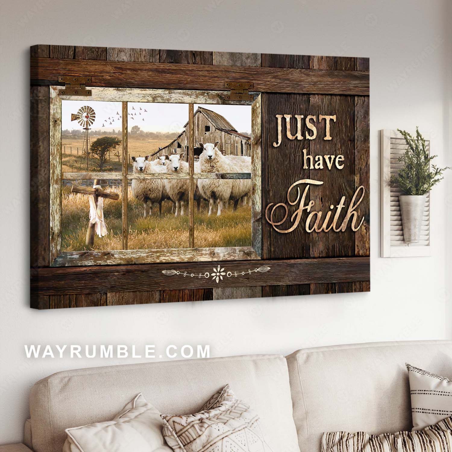 Rustic farmhouse, Amazing sheep, Wooden cross, Just have faith - Jesus Landscape Canvas Prints, Home Decor Wall Art