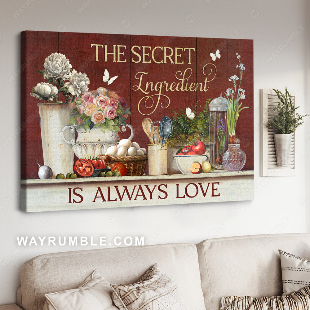 Flower drawing, Vintage kitchen, Cooking utensil, The secret ingredient is always love - Kitchen Landscape Canvas Prints, Wall Art