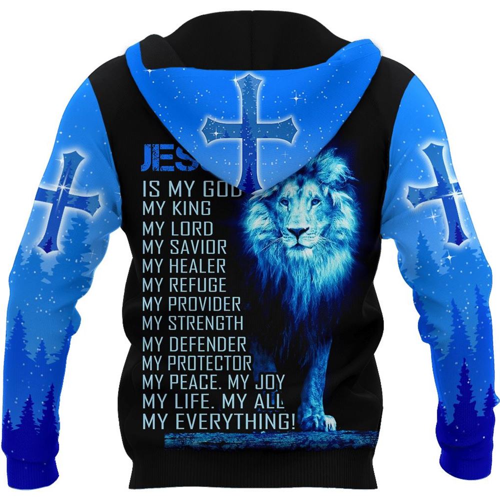 Lion Blue Cross And Jesus Is My God 3D Hoodie For Man And Women, Jesus Printed 3D Hoodie