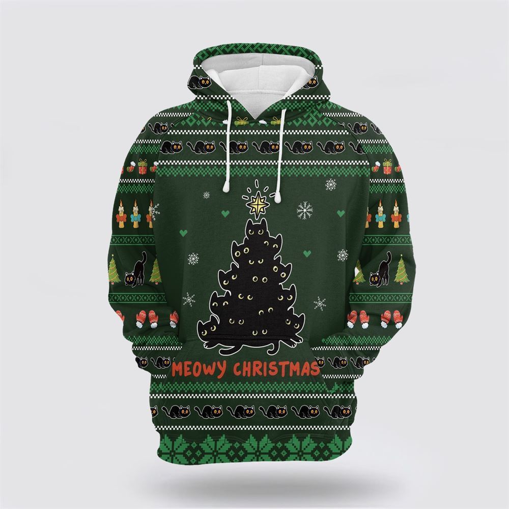Meowy Christmas Black Cat All Over Print 3D Hoodie For Men & Women, Christmas Hoodie Cute, Christmas Gift, Christmas Fashion