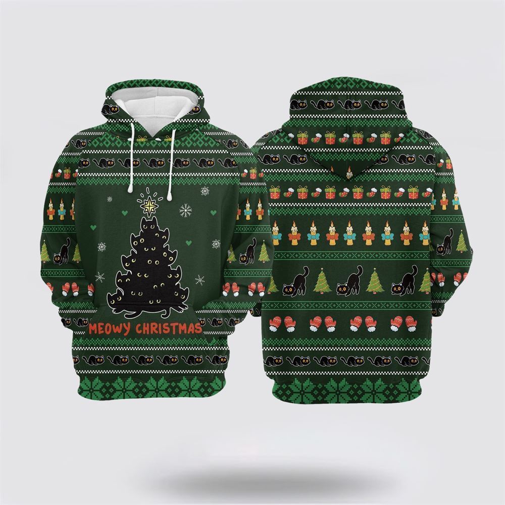 Meowy Christmas Black Cat All Over Print 3D Hoodie For Men & Women, Christmas Hoodie Cute, Christmas Gift, Christmas Fashion