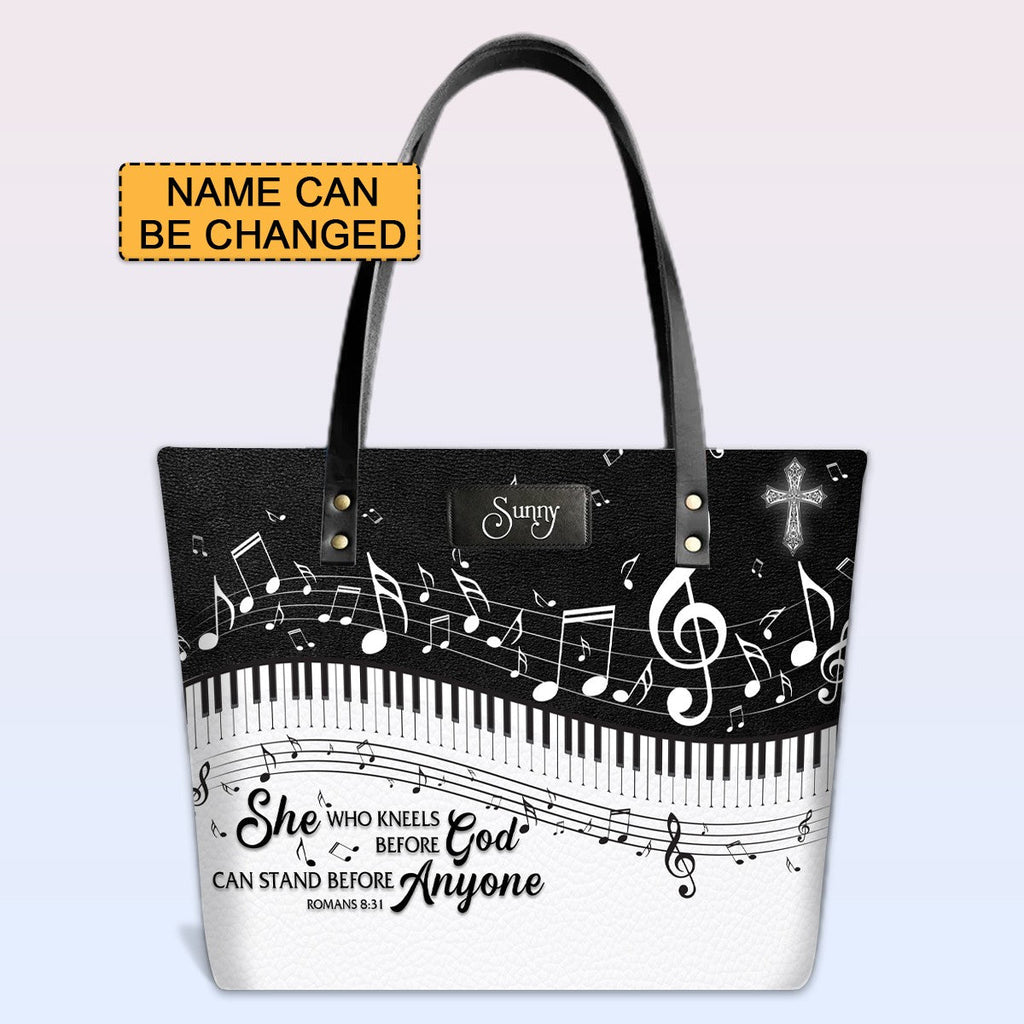 Personalized Leather Tote Bag with Bible Verses – She Who Kneels Before GOD Can Stand Before Anyone Romans 8 31 | CHRISTIANARTBAG Leather TOTE Bag