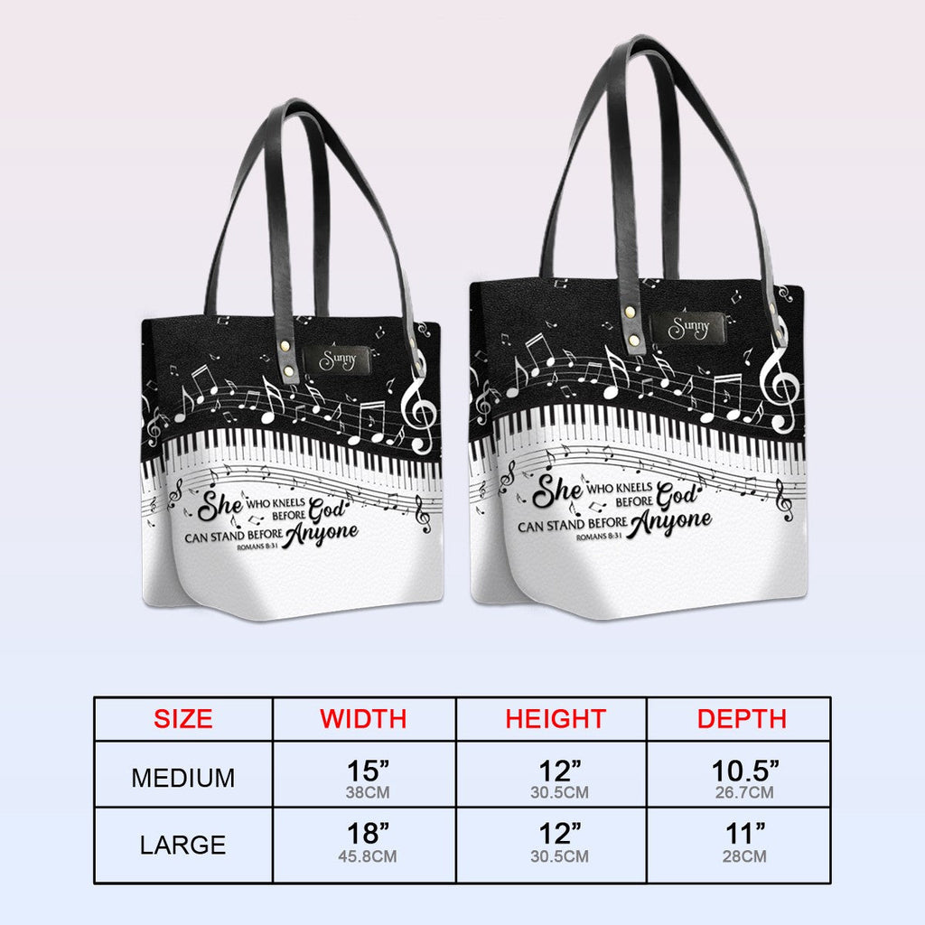 Personalized Leather Tote Bag with Bible Verses – She Who Kneels Before GOD Can Stand Before Anyone Romans 8 31 | CHRISTIANARTBAG Leather TOTE Bag